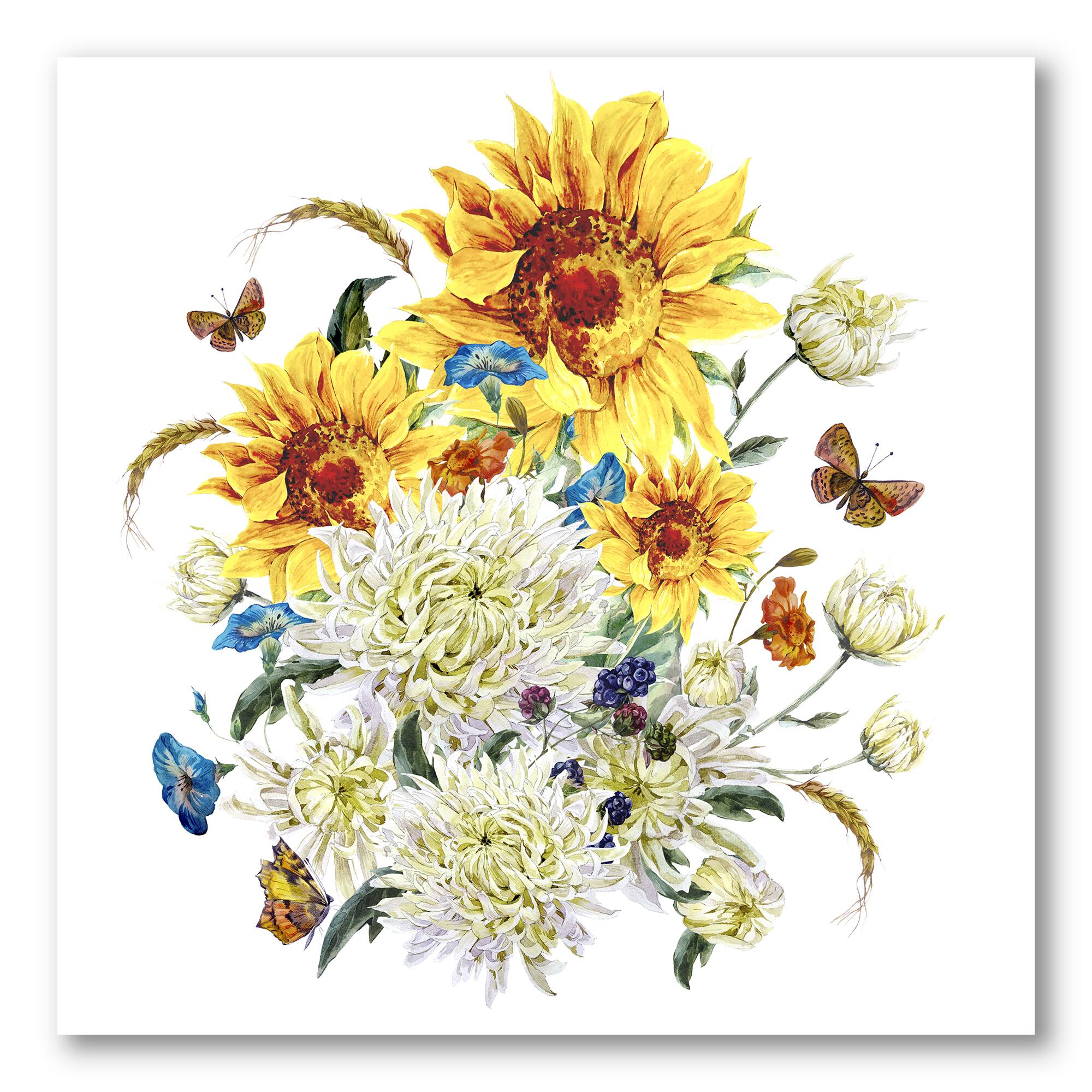 Designart - Vintage Chrysanthemums and Sunflowers - Traditional Canvas Wall Art Print