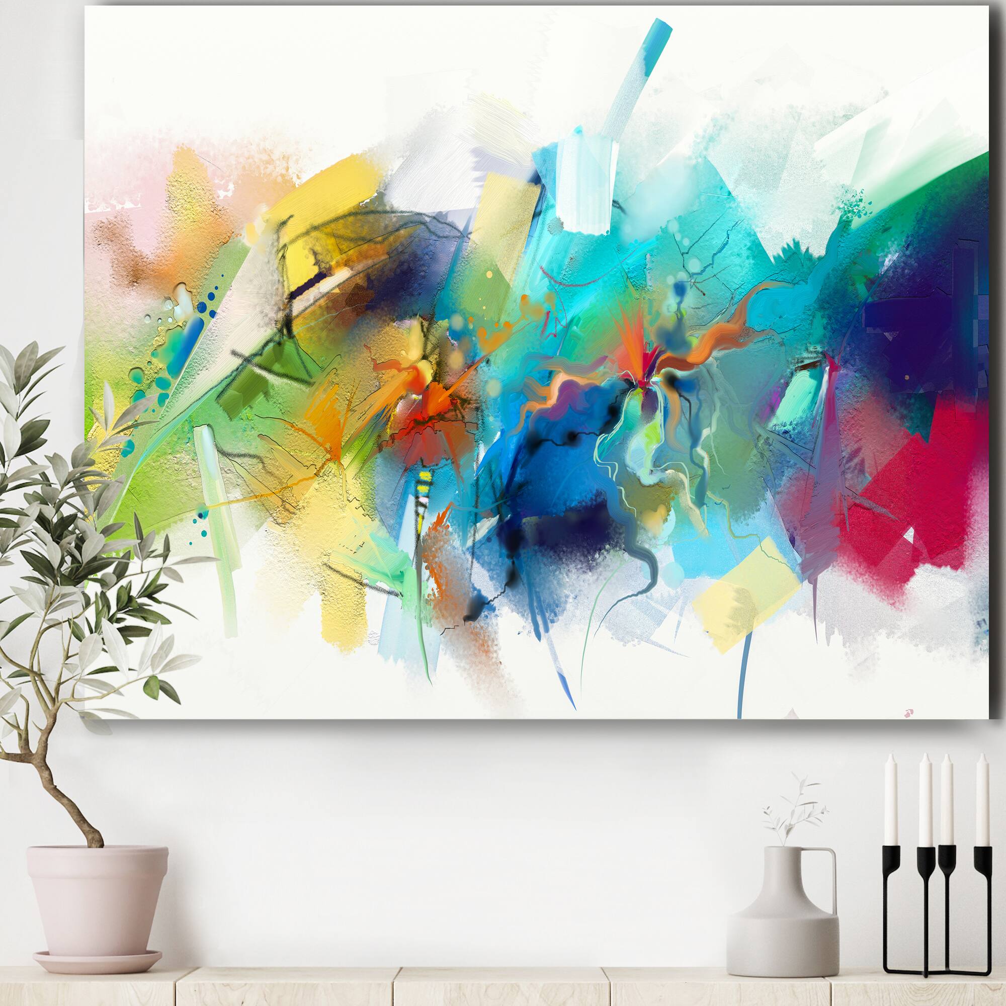 Designart - Turquoise Story With Touches Of Yellow And Red - Modern Canvas Wall Art Print