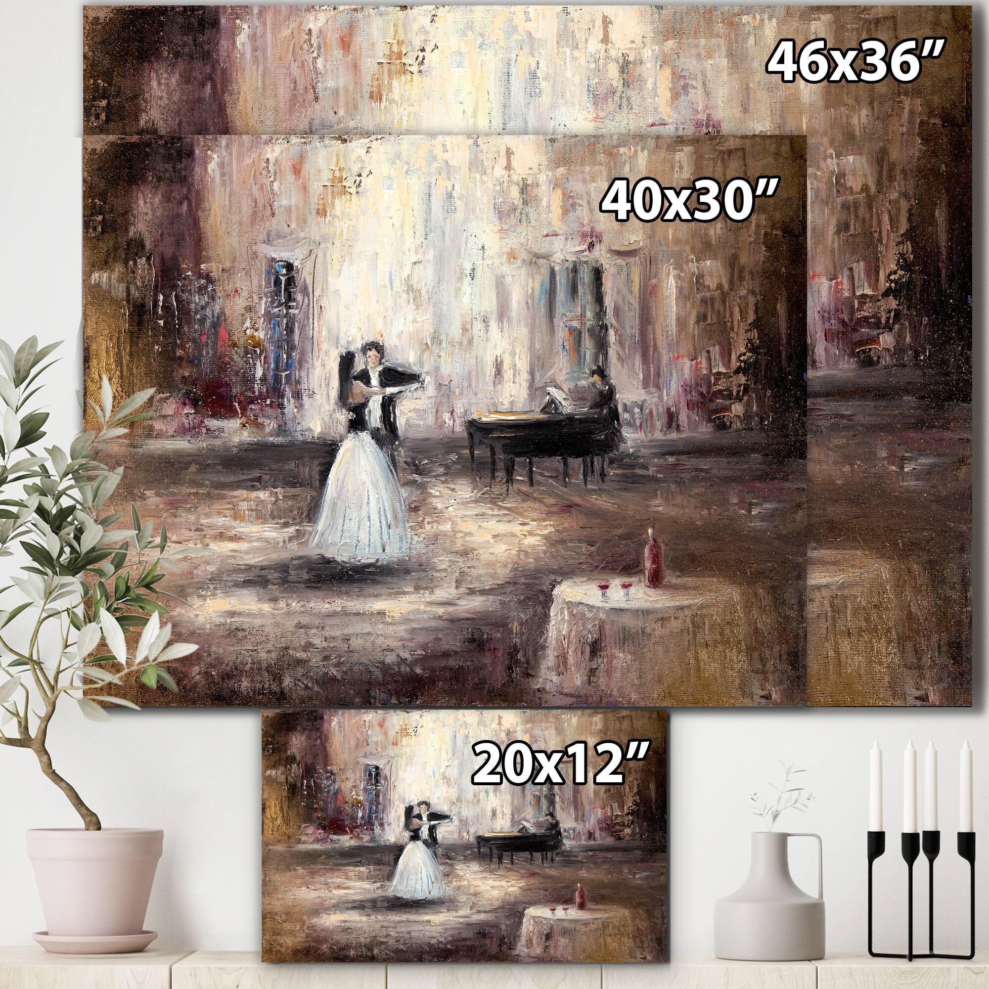 Designart - Black And White Couple Dancing In Hall With Piano - Traditional Canvas Wall Art Print