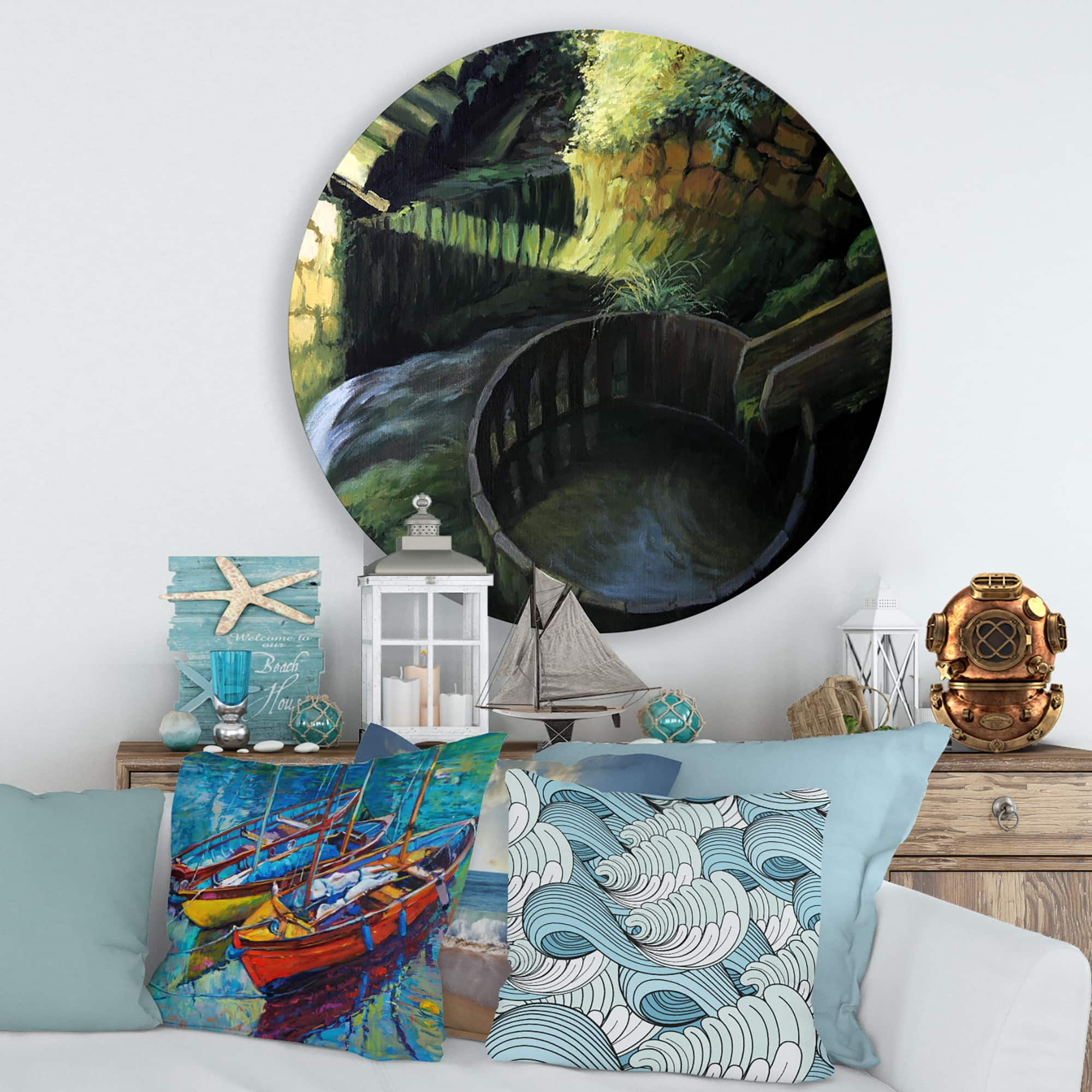 Designart - Old Watermill In Nature Landscape - Lake House Metal Circle Wall Art