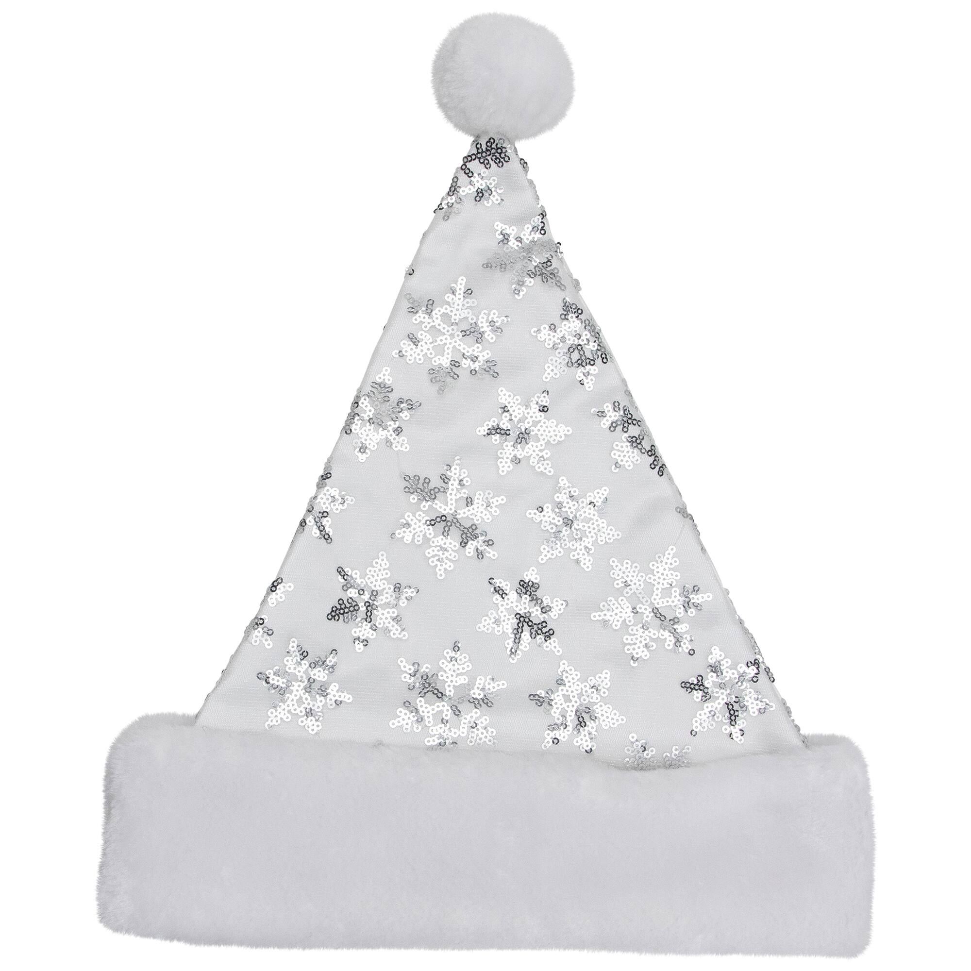 14" Adult Medium Sequin Snowflake Santa Hat, White