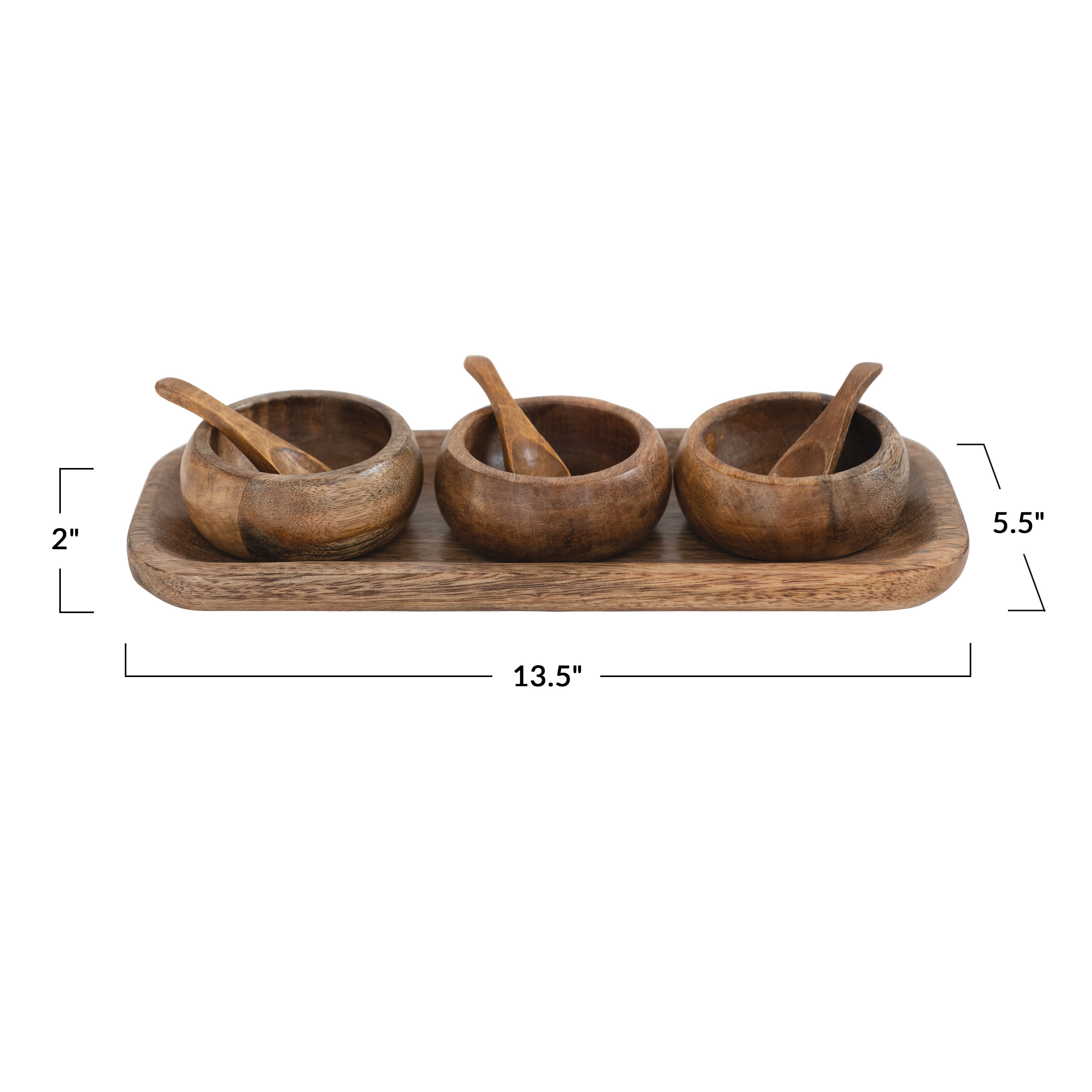 Mango Wood Tray with Spice Bowls &#x26; Wood Spoons Set