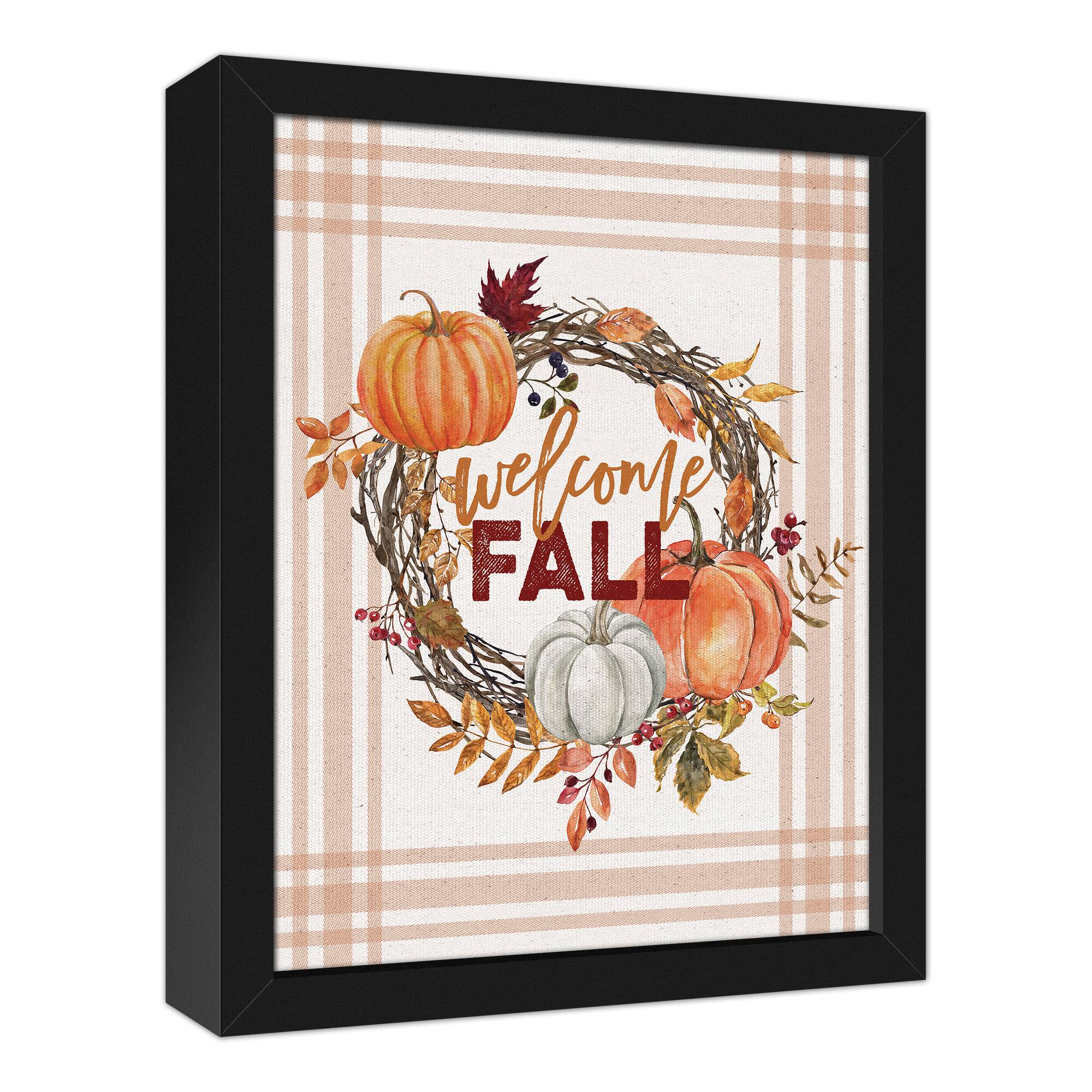 Welcome Fall Pumpkin Canvas Wall Art with Black Frame