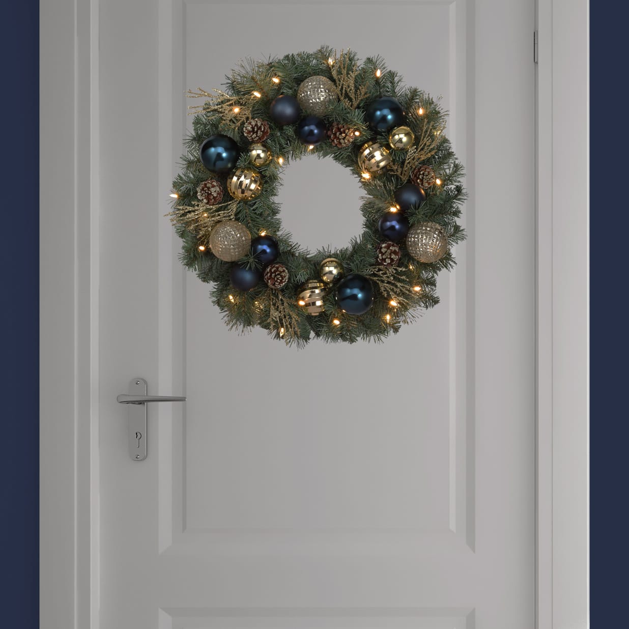 Haute Decor 24&#x22; Pre-Lit Sutton Place Blue &#x26; Gold Ornament Christmas Wreath, Soft White LED Lights