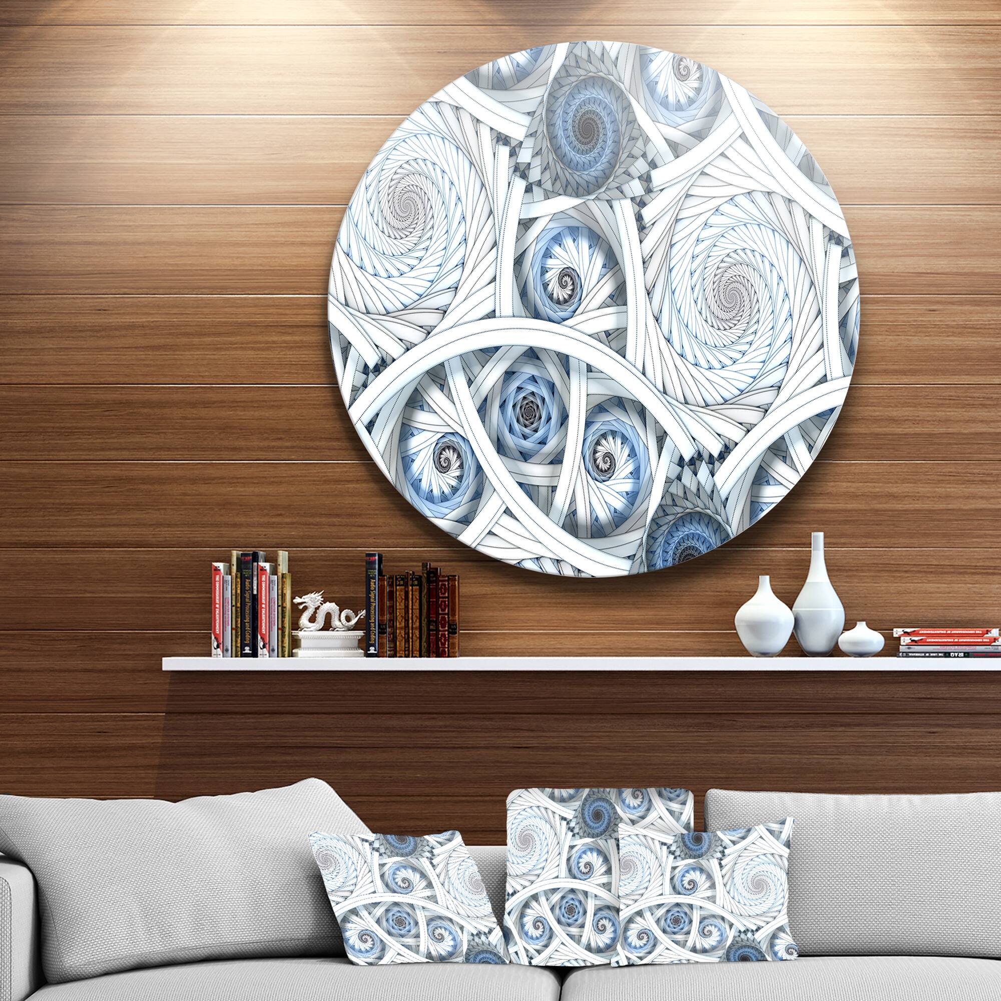 Designart - White Spiral with Blue Fractal Art' Disc Large Abstract Circle Metal Wall Art