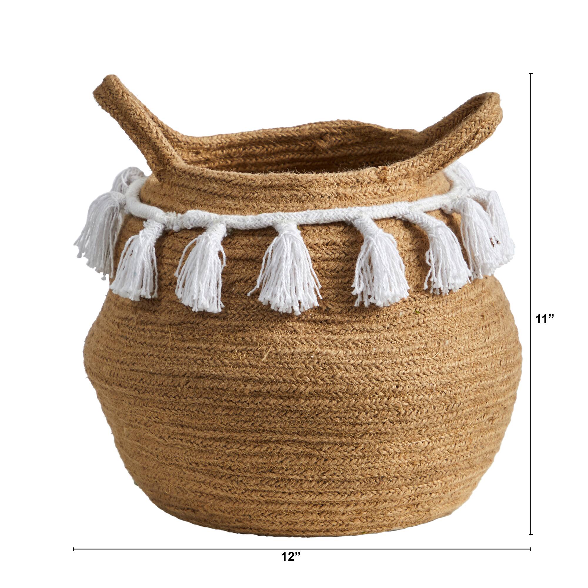 11" Boho Chic Handmade Natural Cotton Woven Basket Planter with Tassels