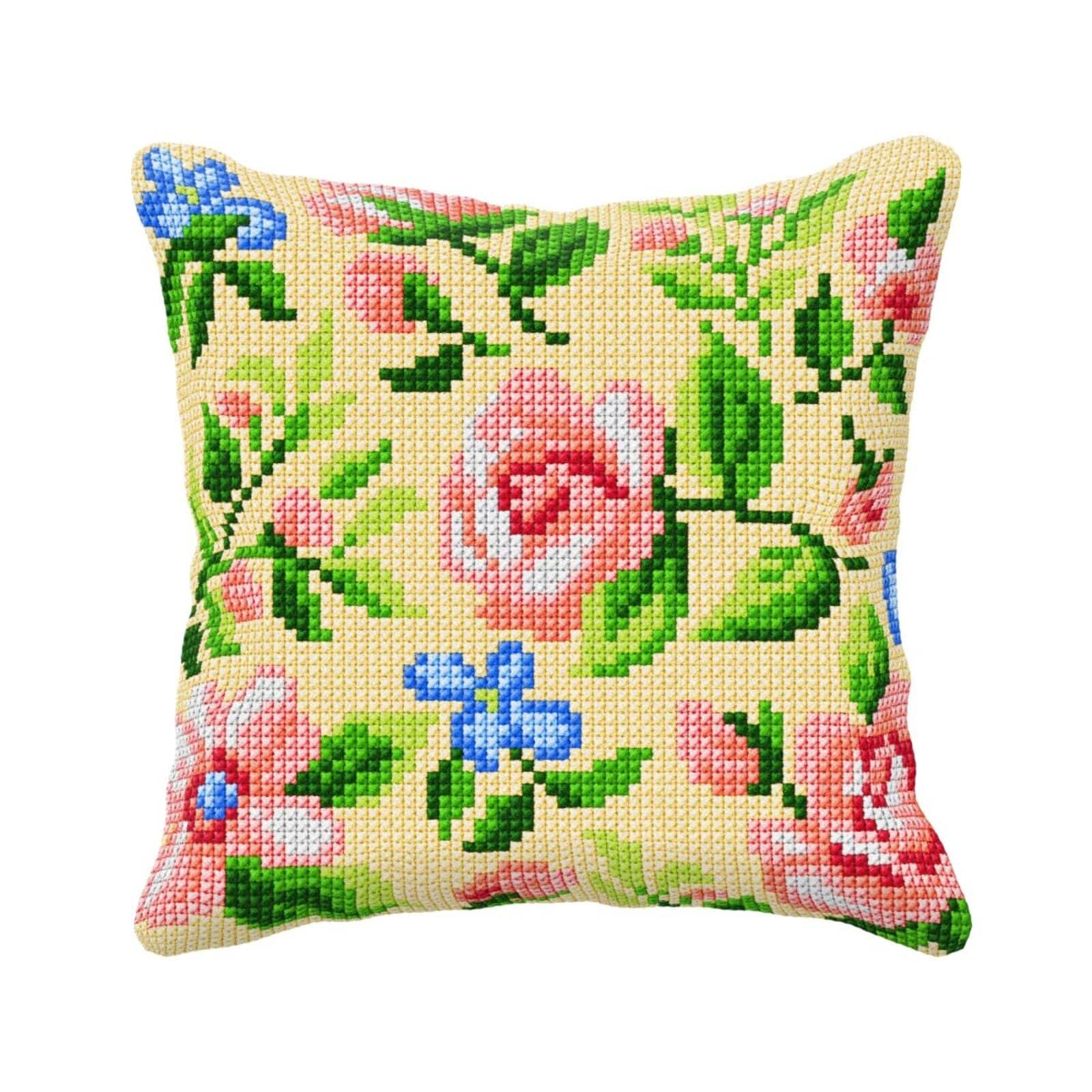 Orchidea Needlepoint Kit Cushion - Printed Canvas Roses On The Beighe Background