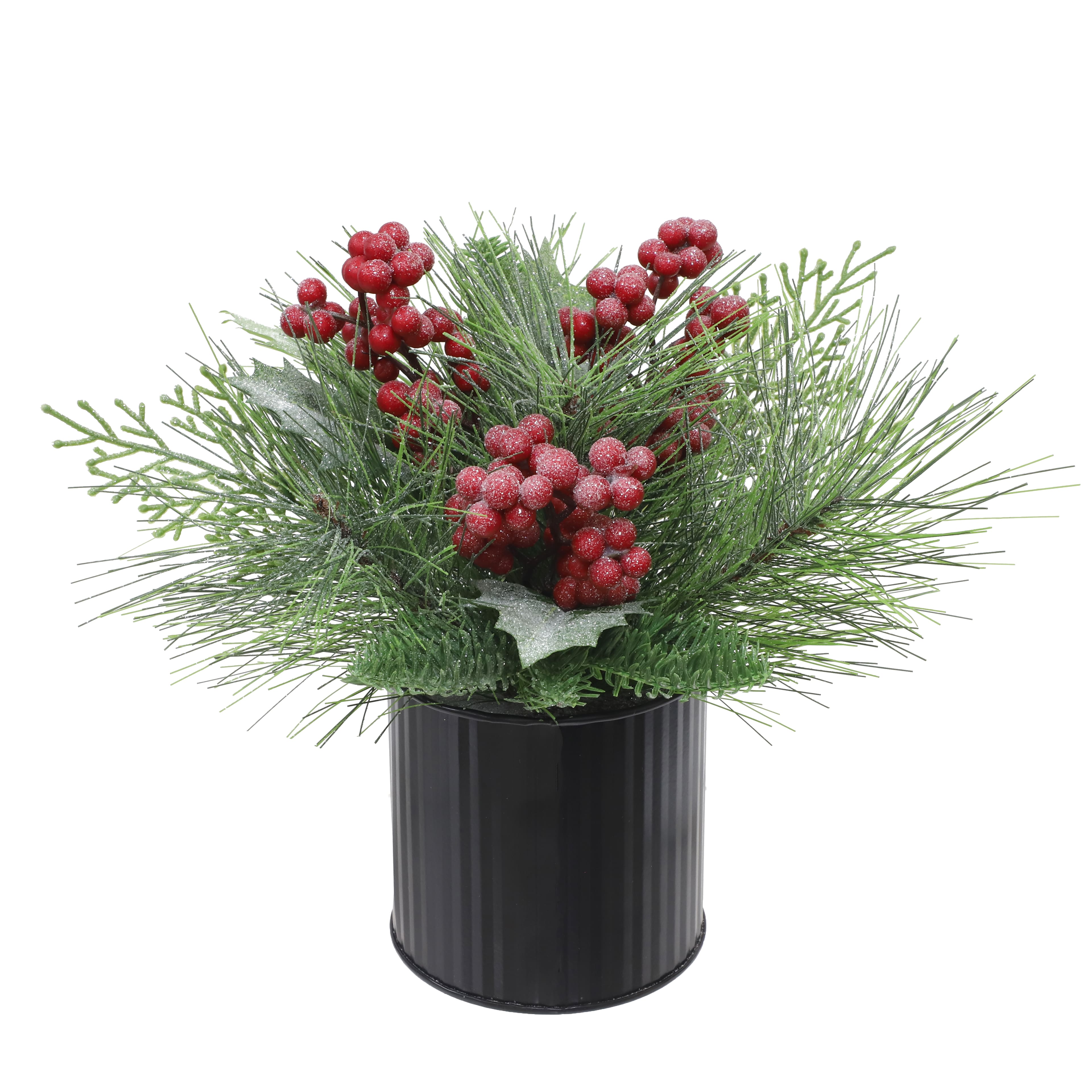 9.5&#x22; Glitter Pine, Cedar, Holly &#x26; Red Berry Arrangement in Black Metal Pot by Ashland&#xAE;
