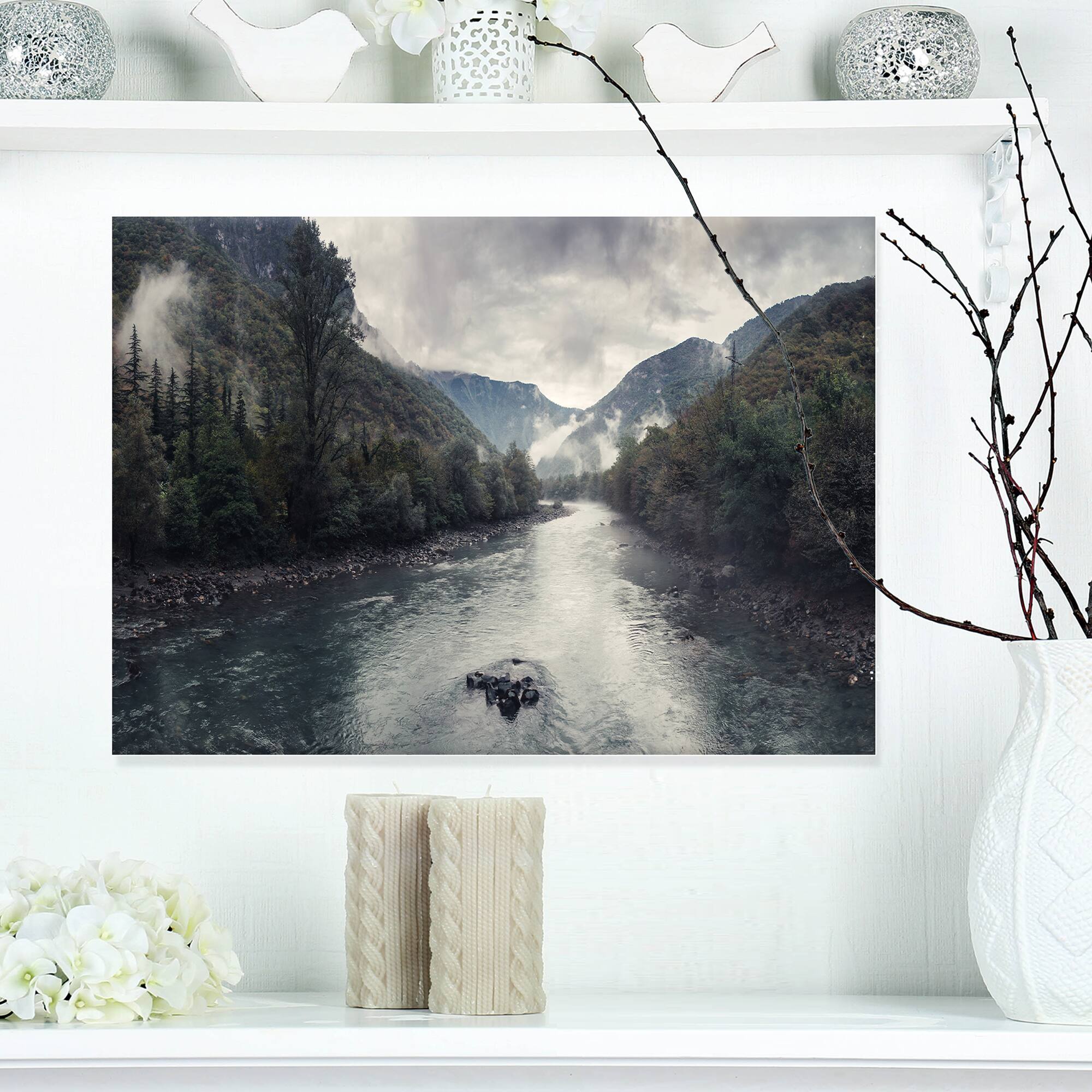 Designart - Mountain River with Fog and Rain - Modern Seascape Canvas Artwork