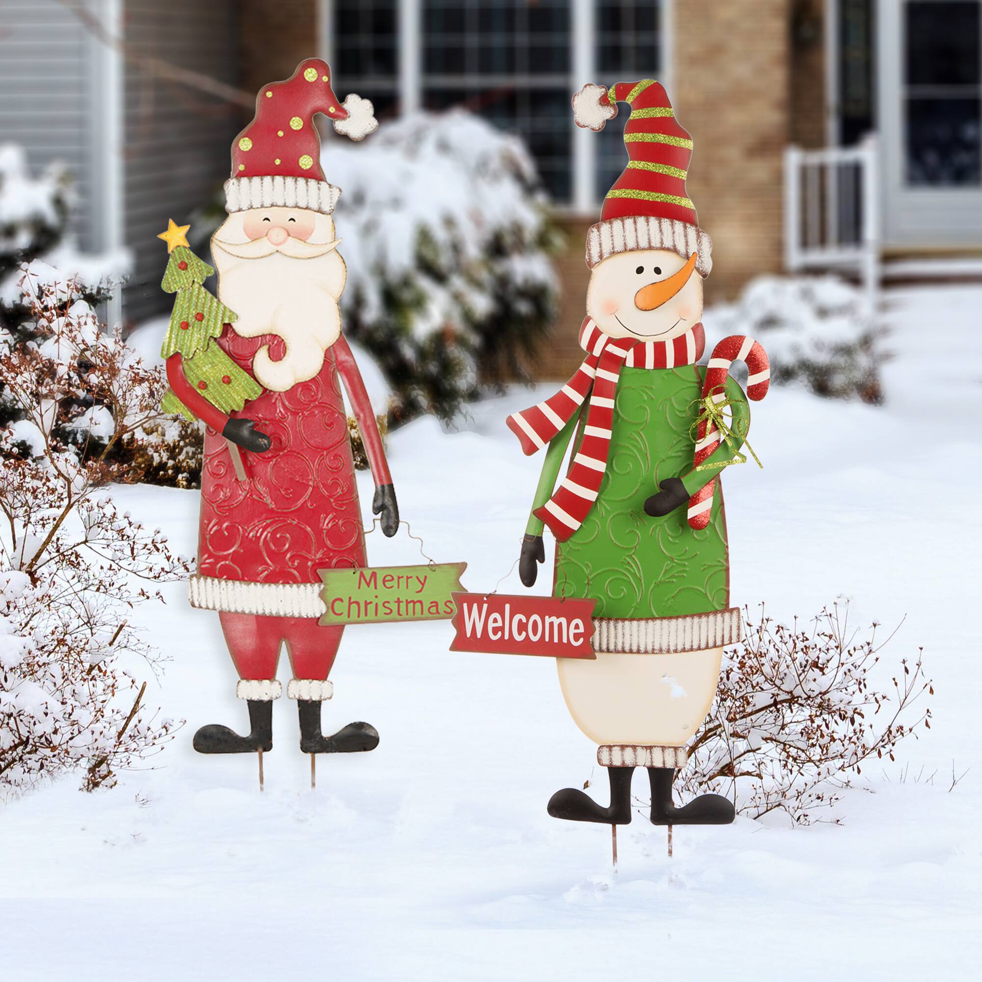 Glitzhome&#xAE; 3ft. Metal Snowman &#x26; Santa Yard Stake Set