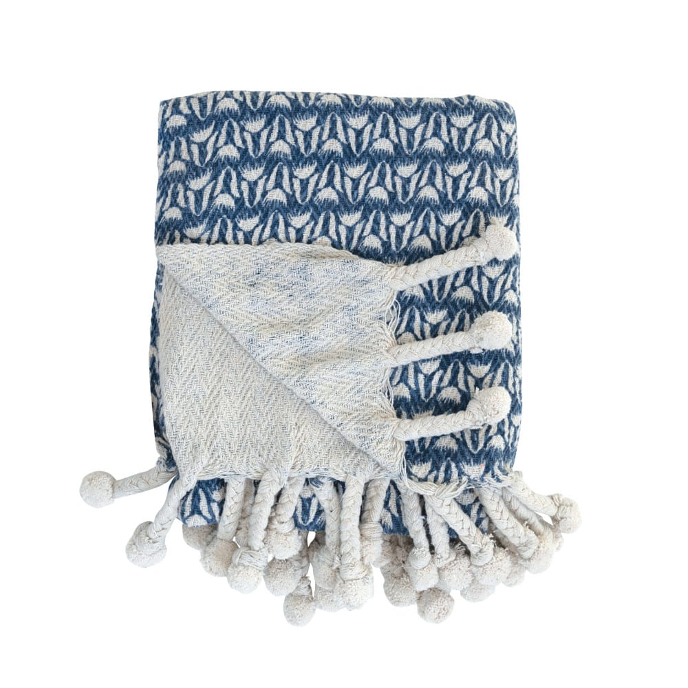Hello Honey® Blue & Cream Printed Cotton Throw Blanket with Braided Pom Pom Tassels