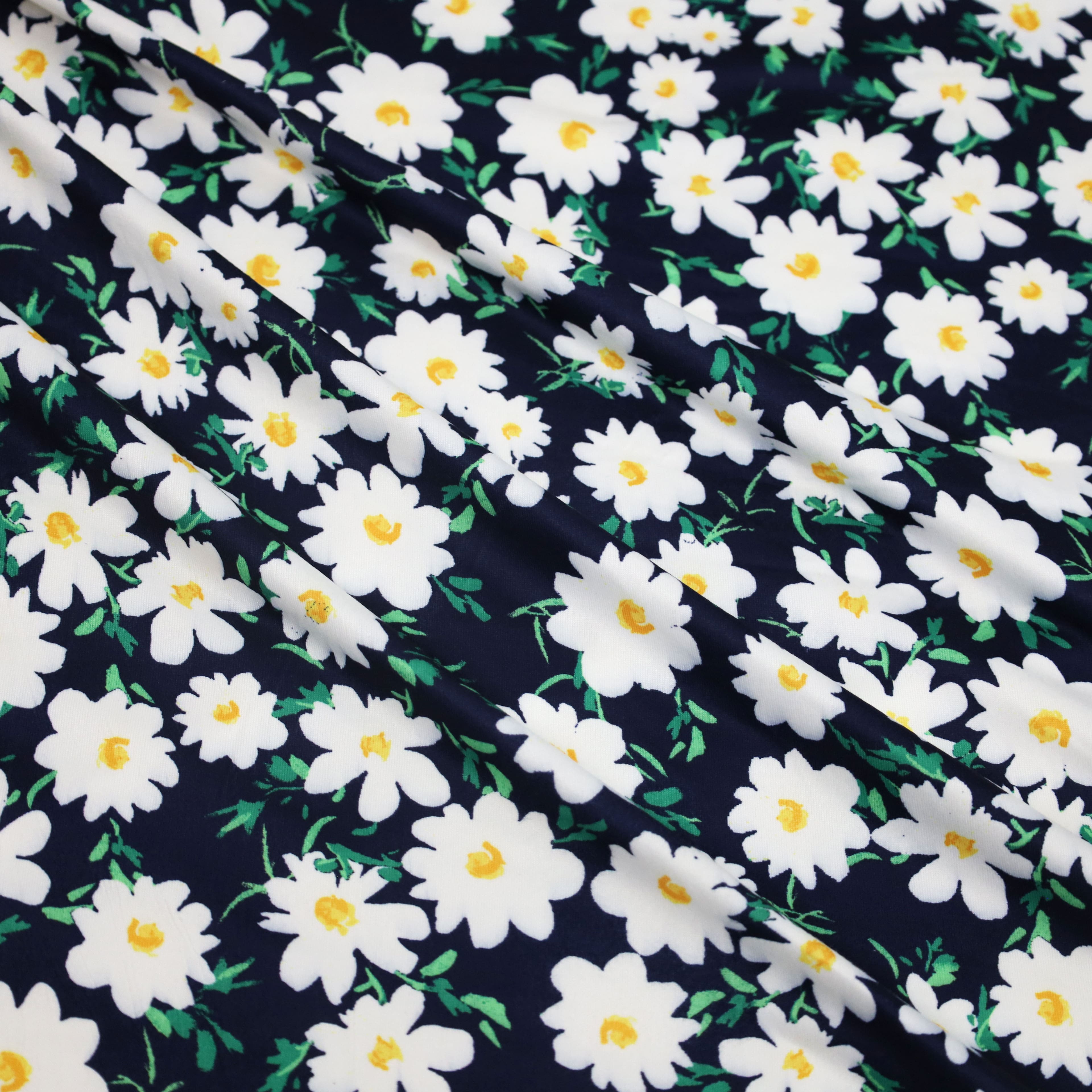 Fabric Merchants Daisies on Blue Double Brushed Stretch Fabric