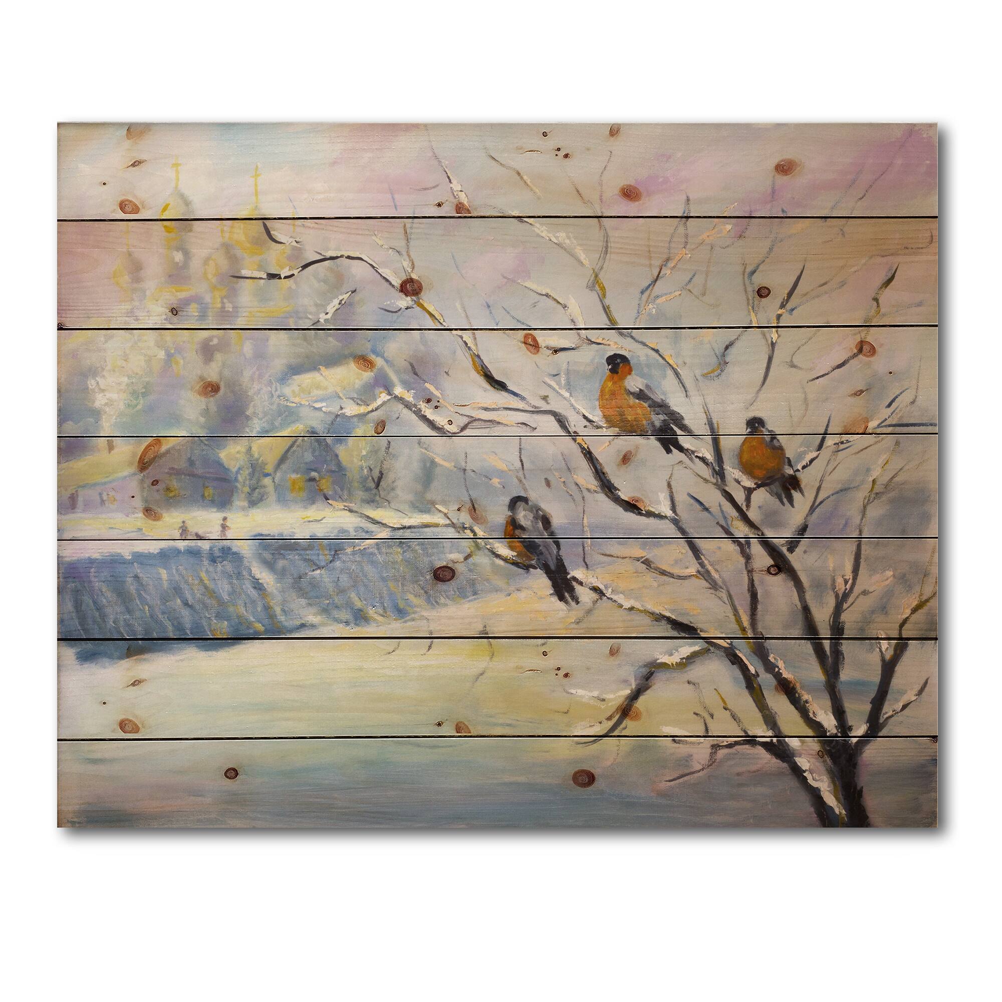 Designart - Rustic Birds On A Tree In Winter Village