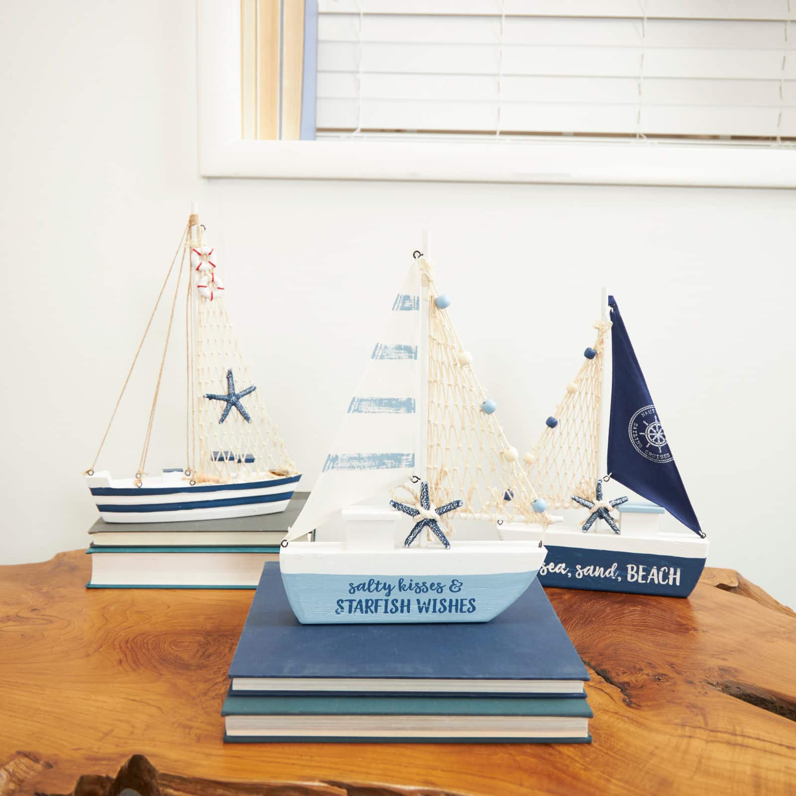 Blue Sail Boat with Netting & Starfish Sculpture Set