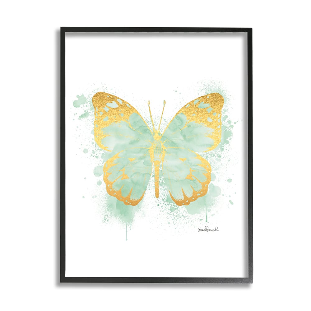 Stupell Industries Seafoam Green Butterfly Watercolor Paint Splatter in Black Frame Wall Art