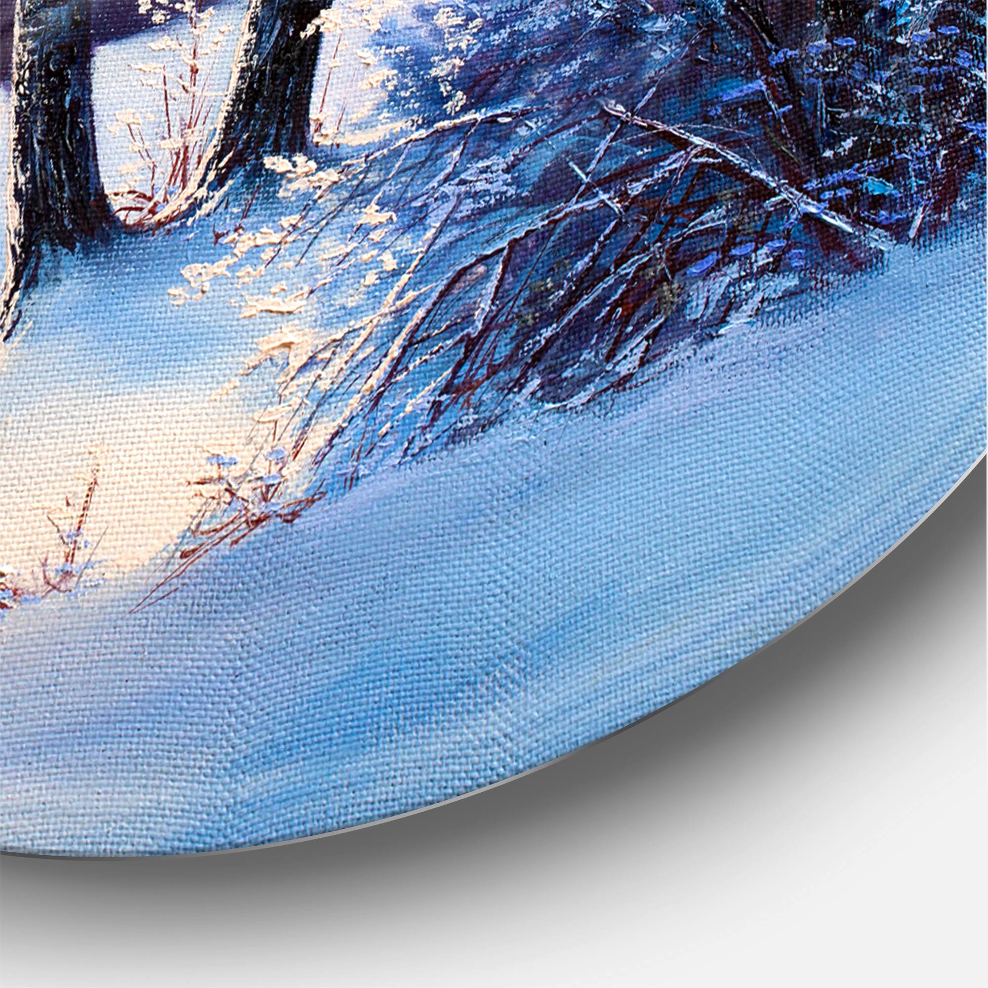 Designart - Christmas Forest With River and Trees I - Traditional Metal Circle Wall Art