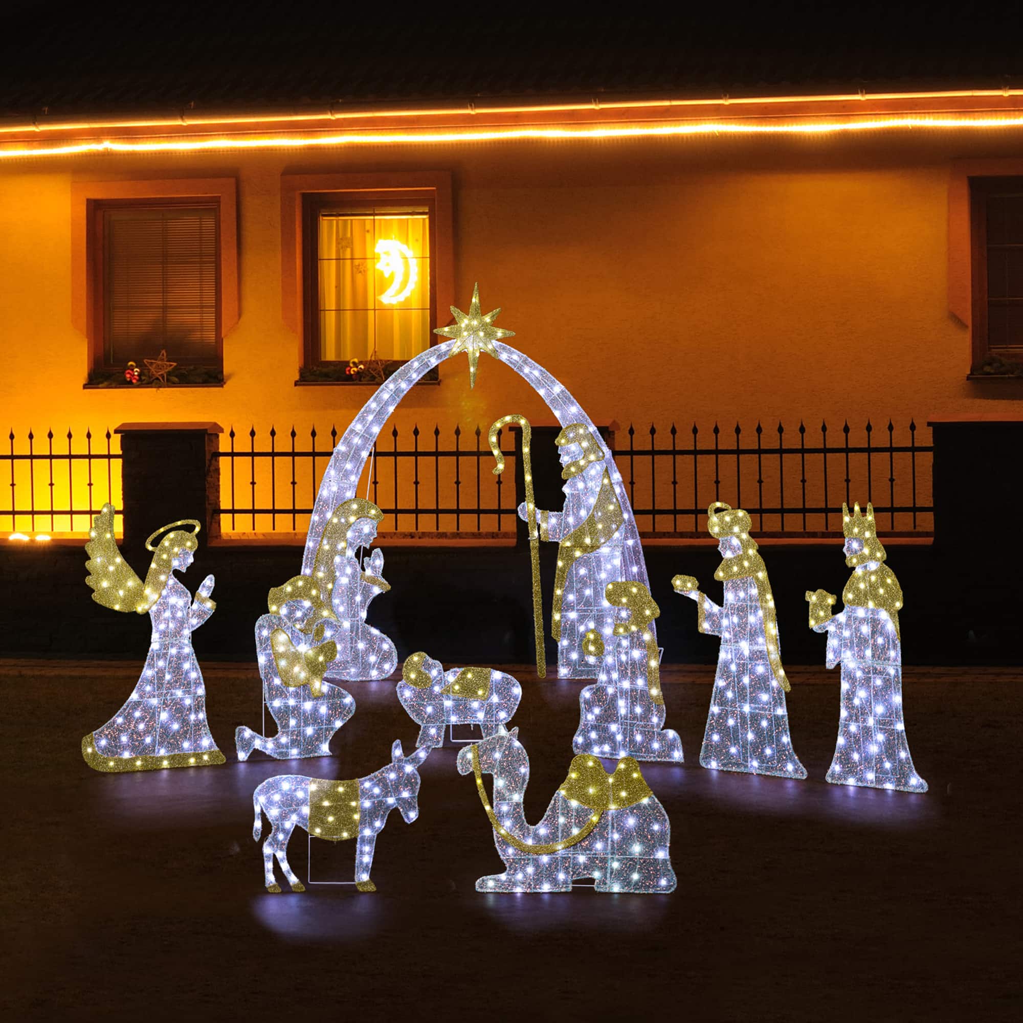 Glitzhome&#xAE; 55&#x22;H Lighted Christmas 2D Iridescent Fabric Nativity Scene Outdoor Decor Set
