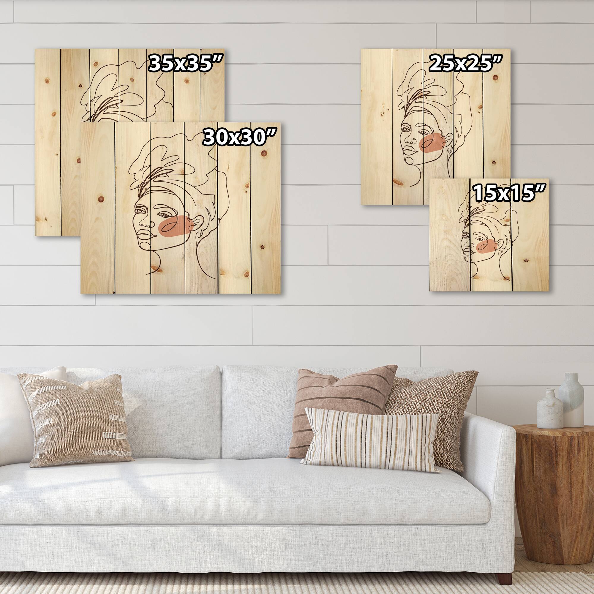 Designart - One Line Portrait of African American Woman III - Modern Print on Natural Pine Wood