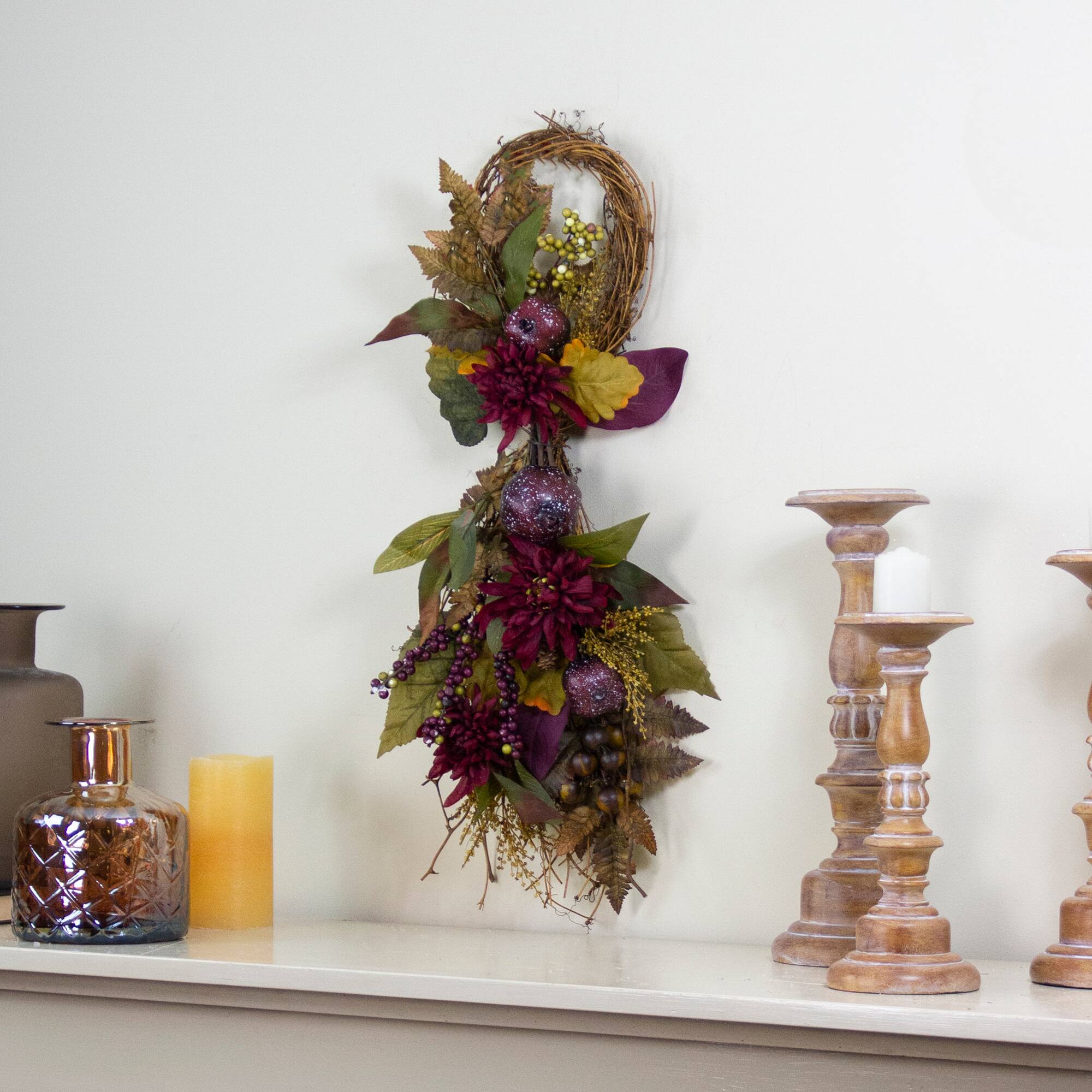 2.3ft. Autumn Harvest Mums with Pomegranate Autumn Grapevine Teardrop Swag