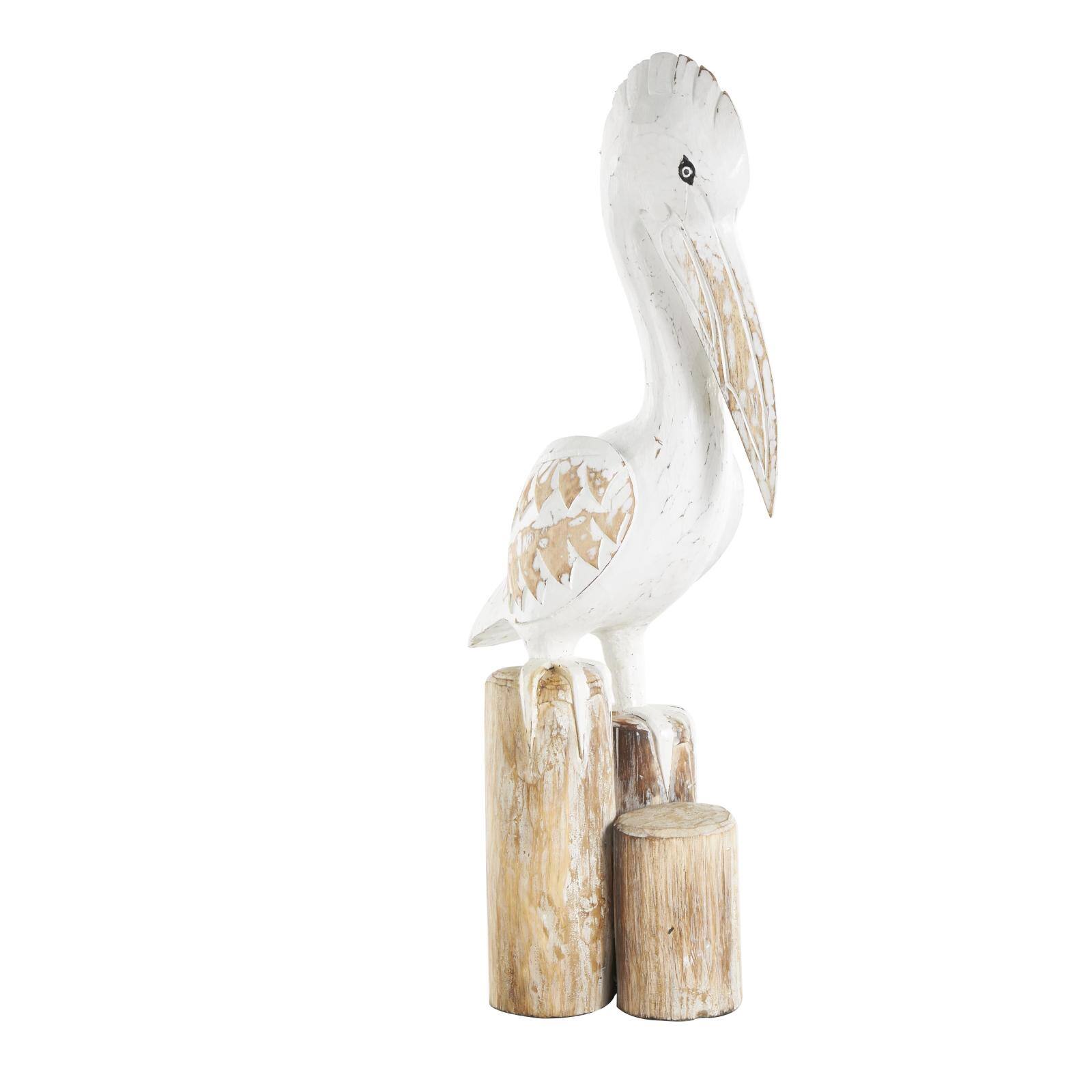 24" White Wood Pelican Handmade Distressed Sculpture with 3 Brown Posts