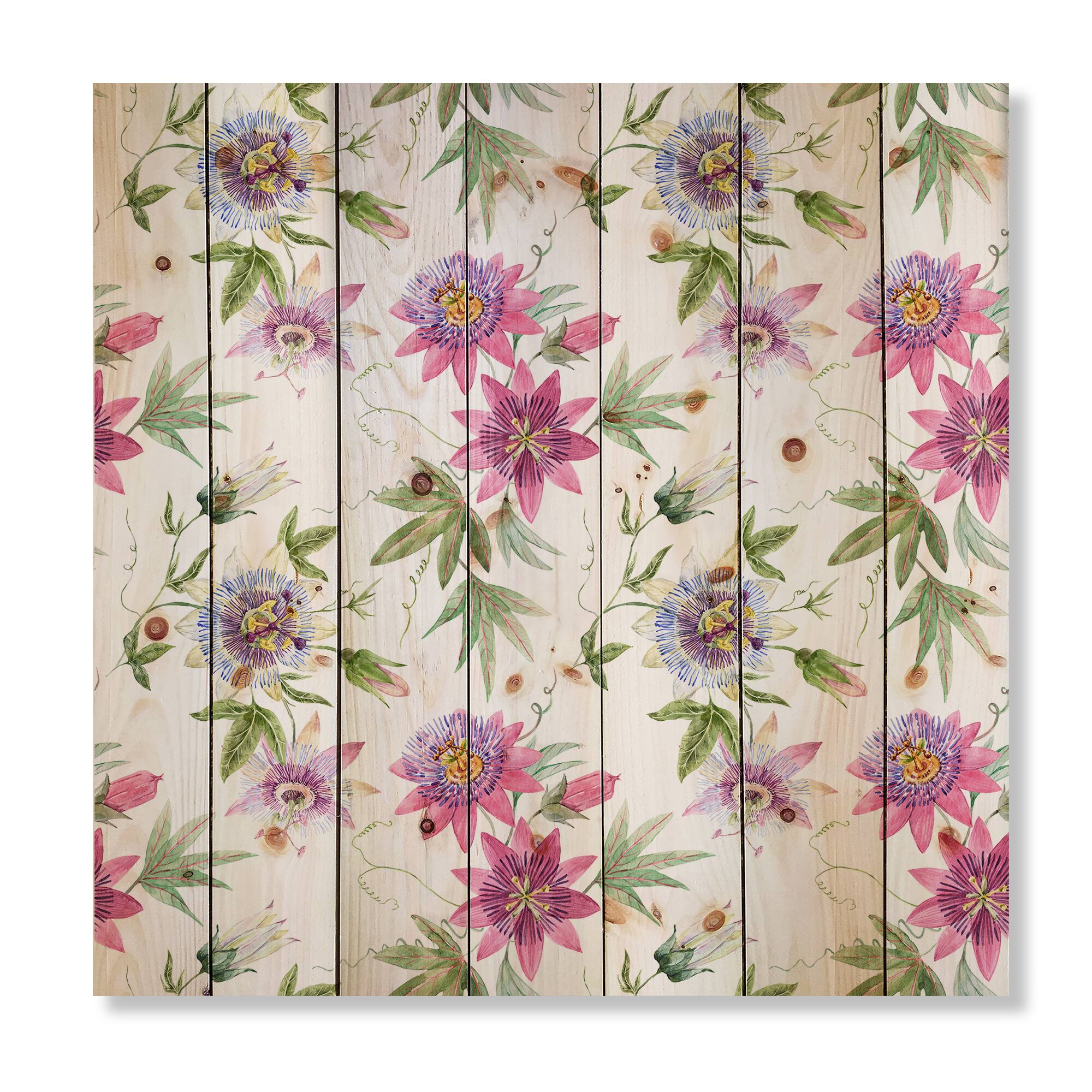 Designart - Pink Passionflower Flowers - Traditional Print on Natural Pine Wood