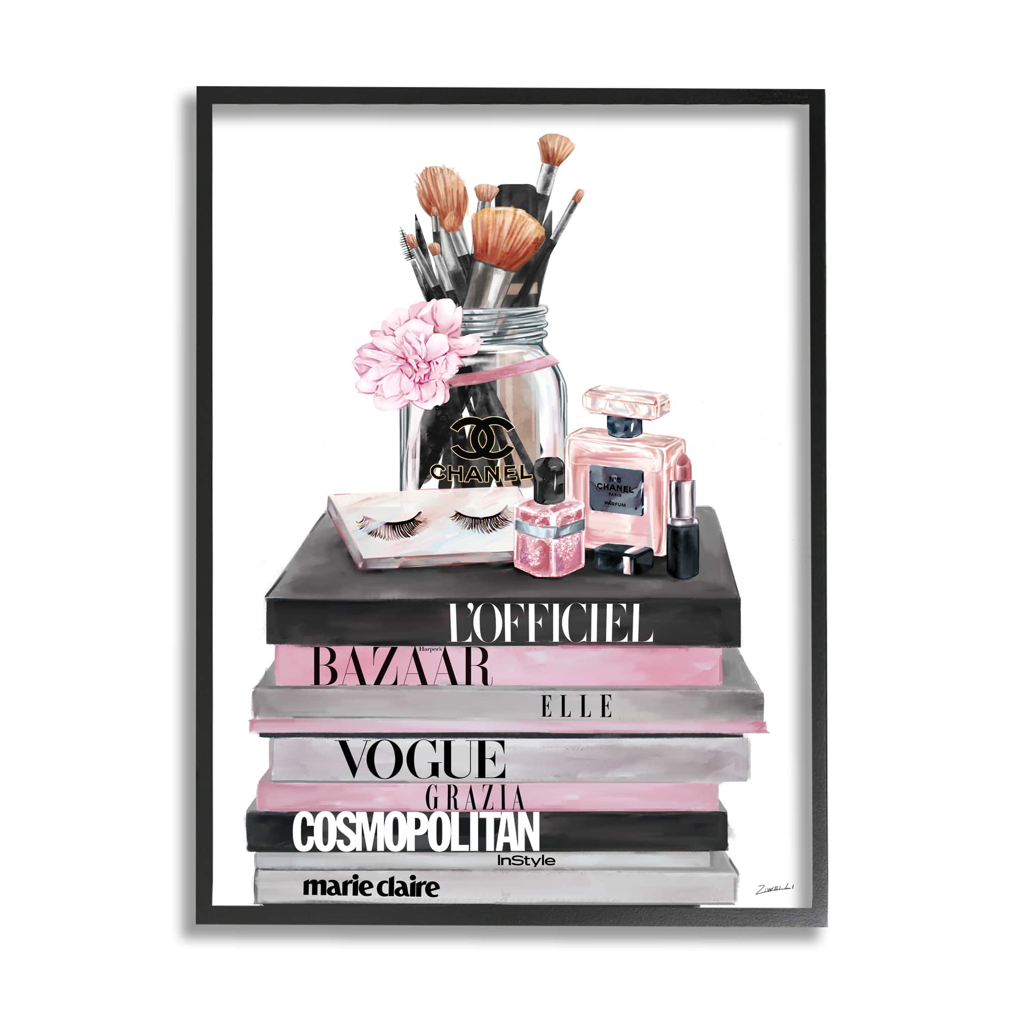 Stupell Industries Fashion Accessories Glam Magazine Book Stack in Black Frame Wall Art