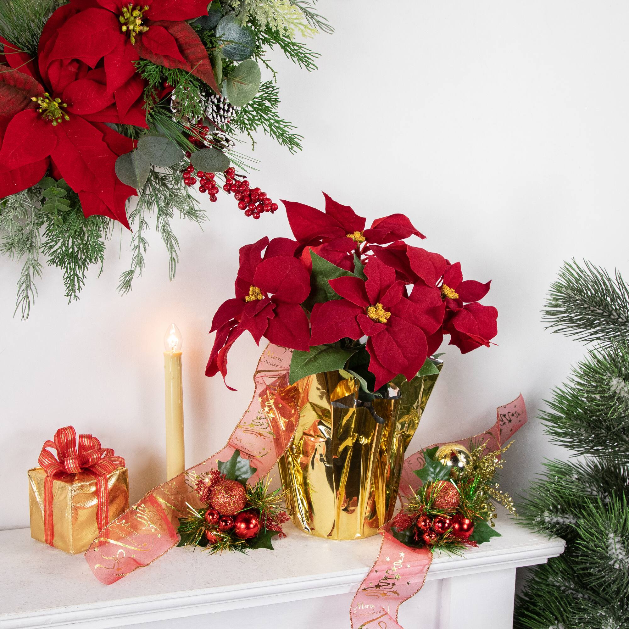 16" Red & Gold Artificial Christmas Poinsettia Arrangement in Wrapped Pot