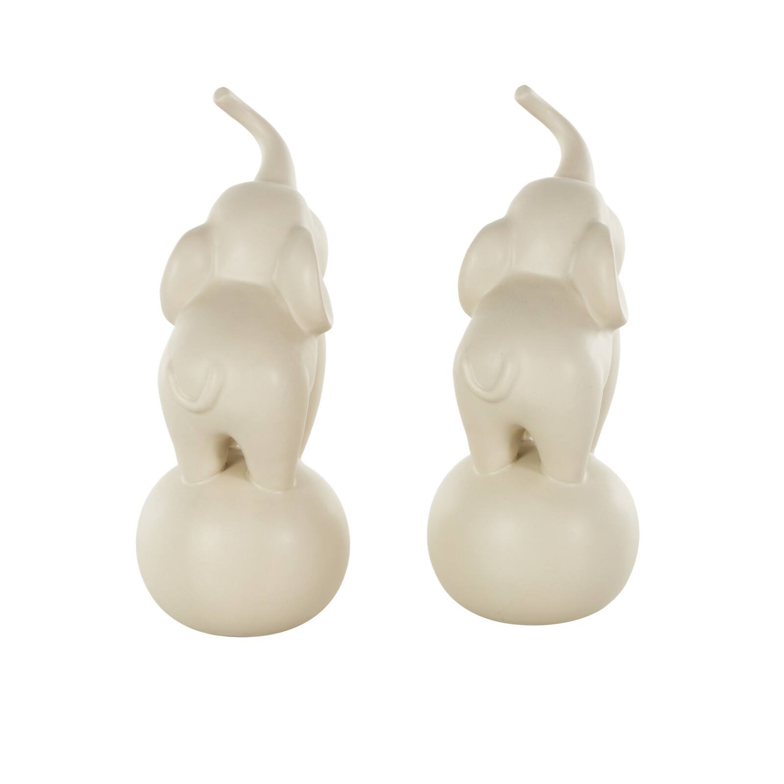 10.5" White Ceramic Elephant Trumpeting Decorative Sculpture with Round Base Set