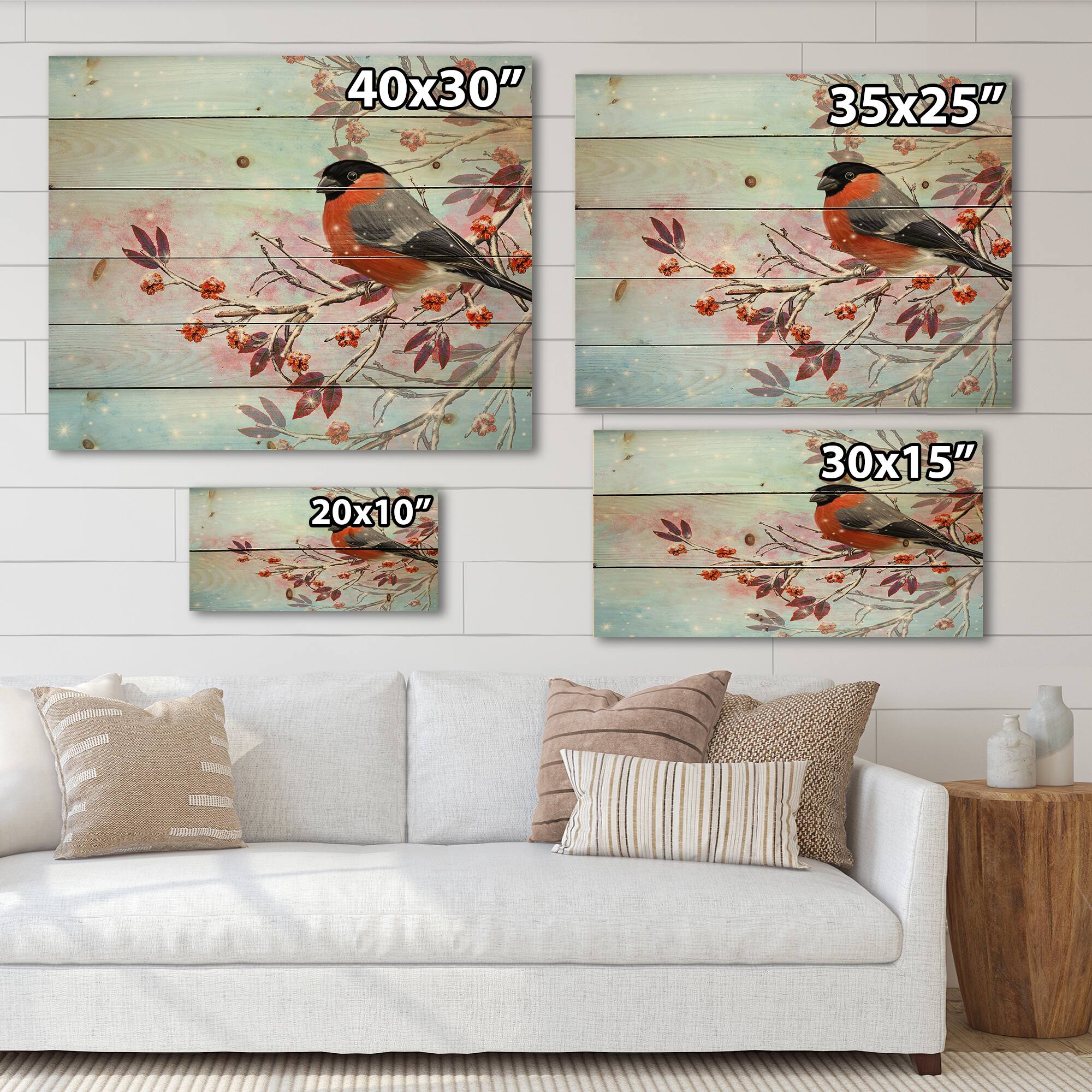 Designart - Two Bright Bird Bullfinch Bird Sitting On A Branch - Traditional Print on Natural Pine Wood