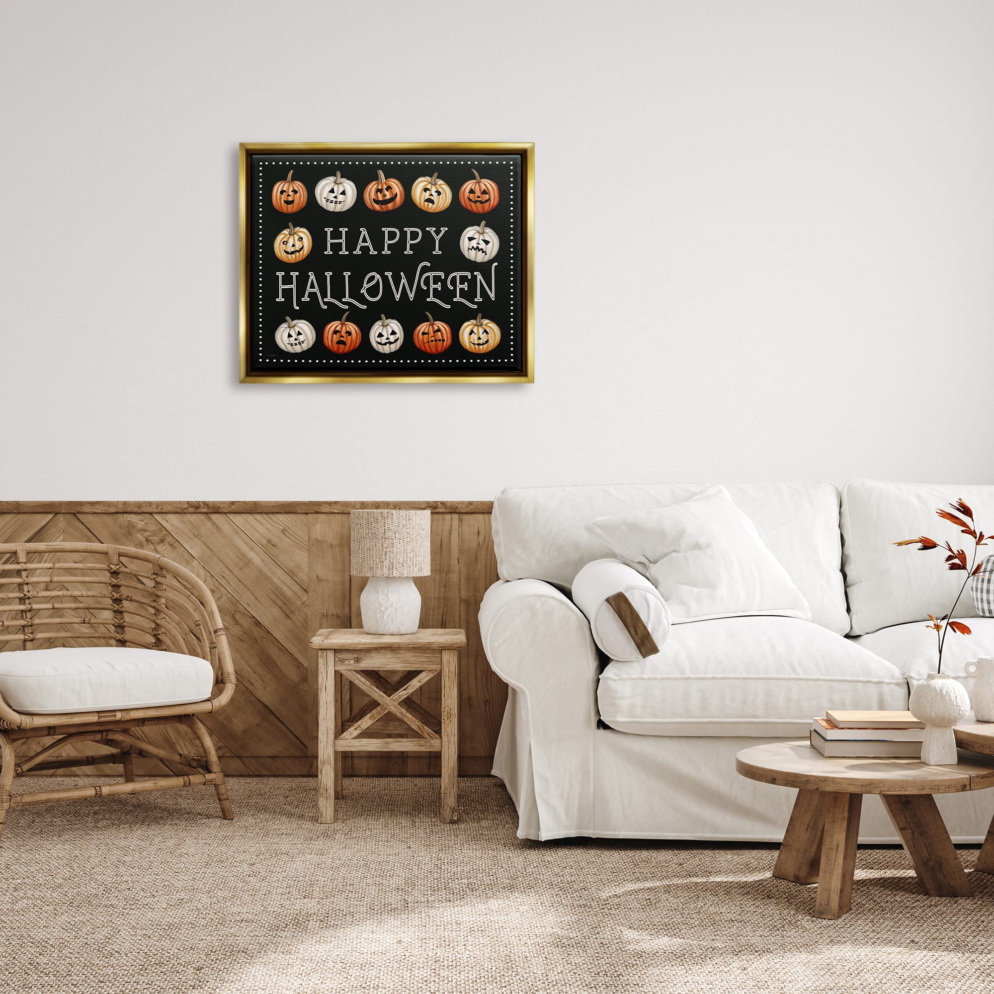 Stupell Industries Happy Halloween Jack-o-Lanterns Framed Floater Canvas Wall Art