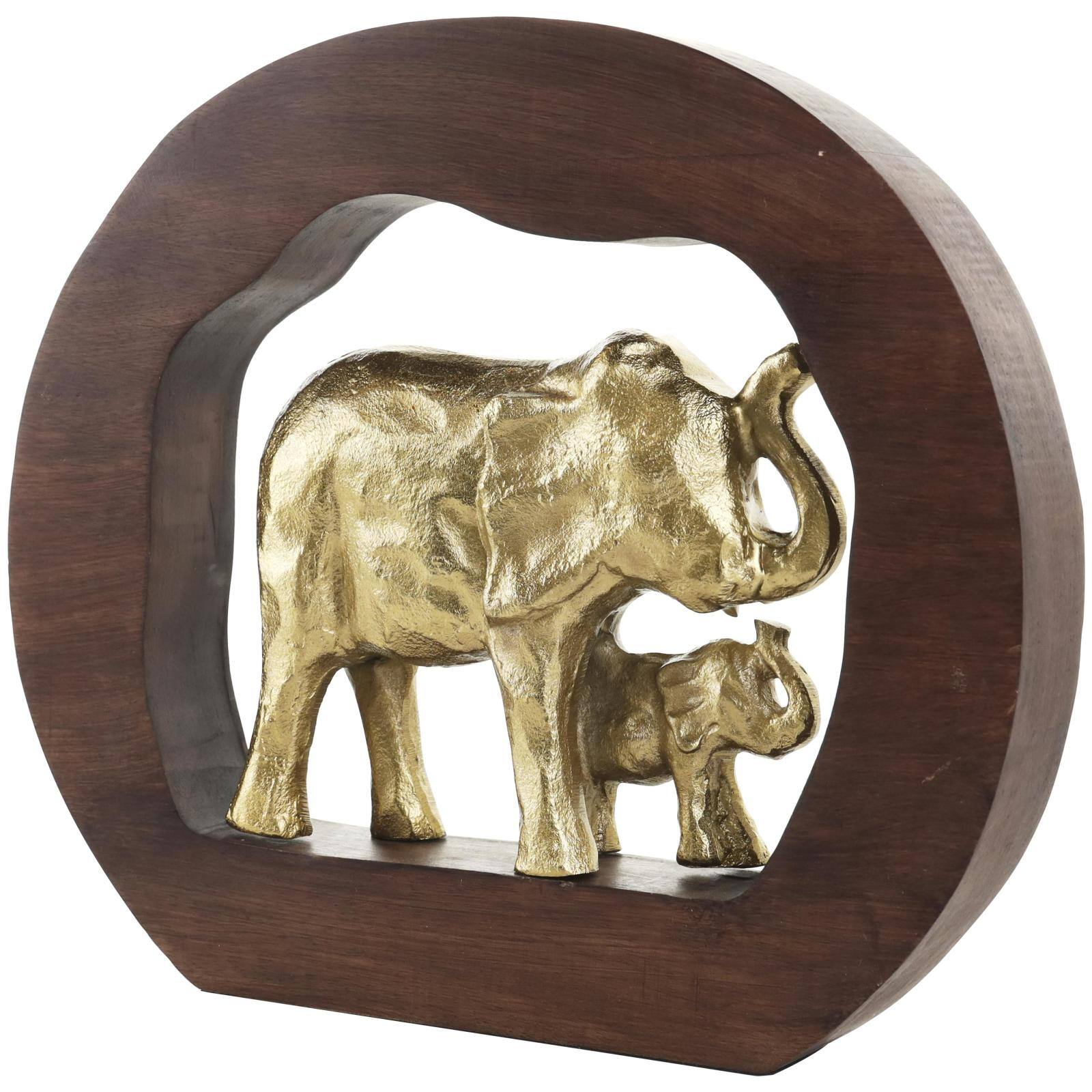 13.5" Gold Metal Elephant Sculpture with Brown Frame