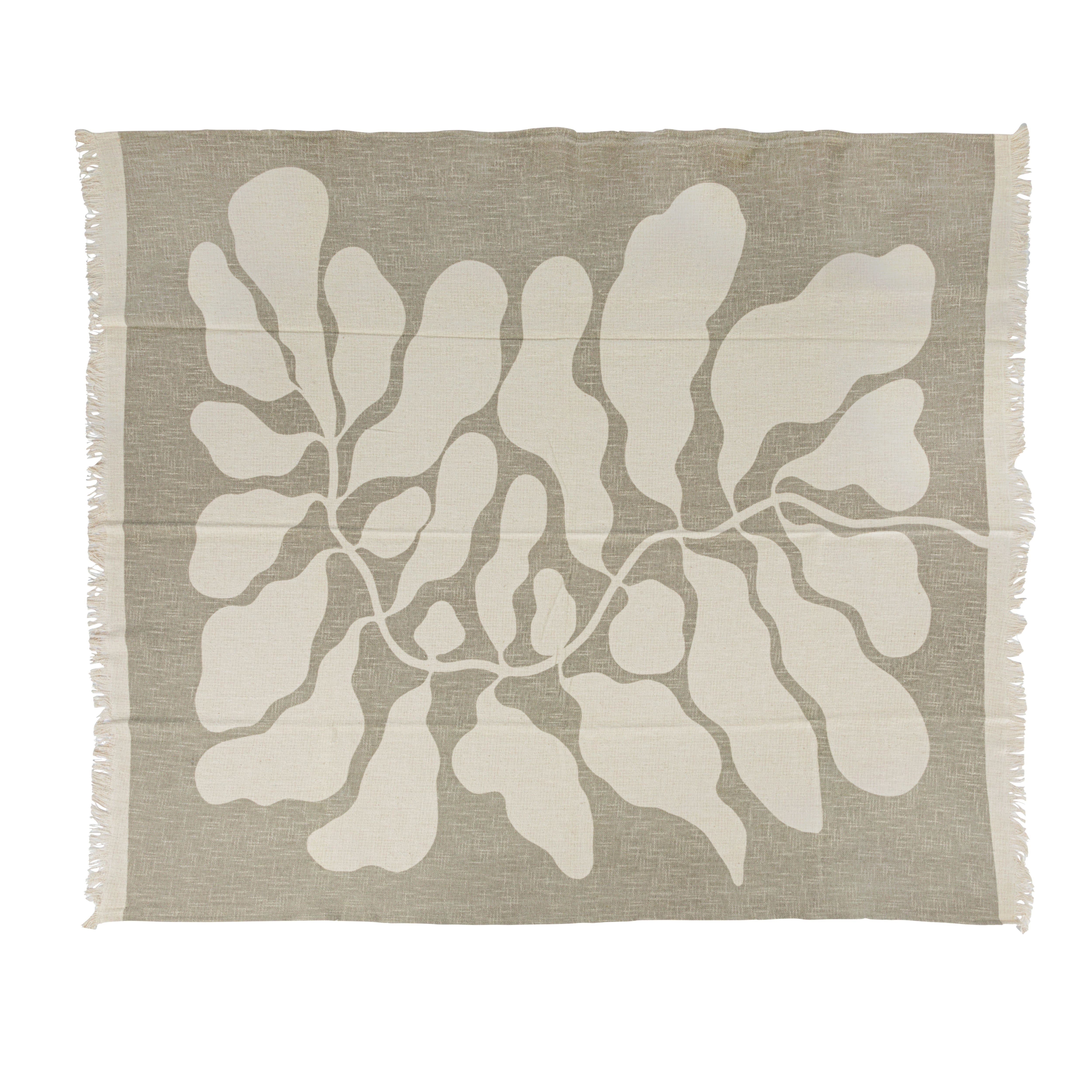 Tan Botanical Print &#x26; Fringe Cotton Slub Throw Blanket