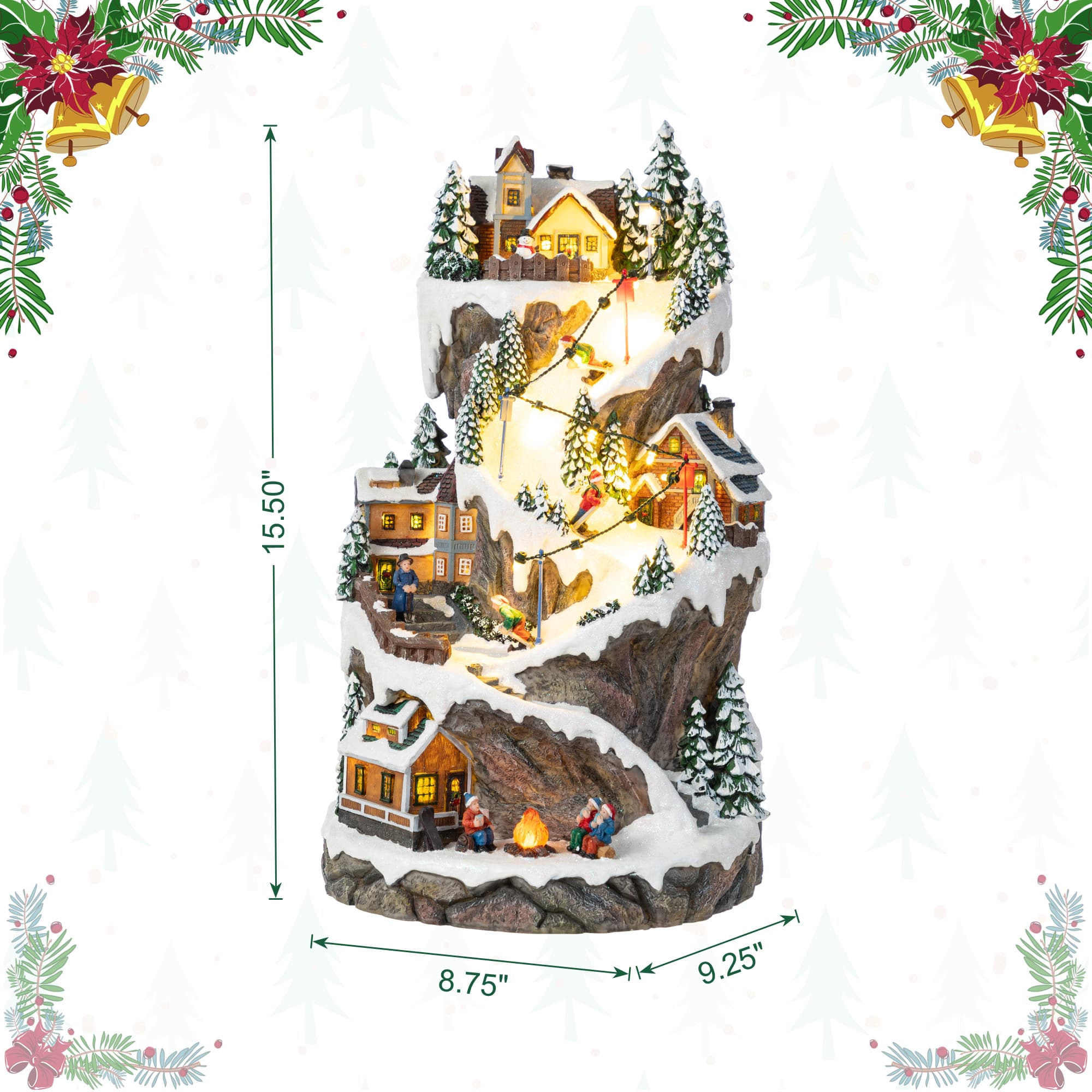 Glitzhome&#xAE; 15.5&#x22; Lighted Christmas Skiing Moutain Resin Village with Movement and Music
