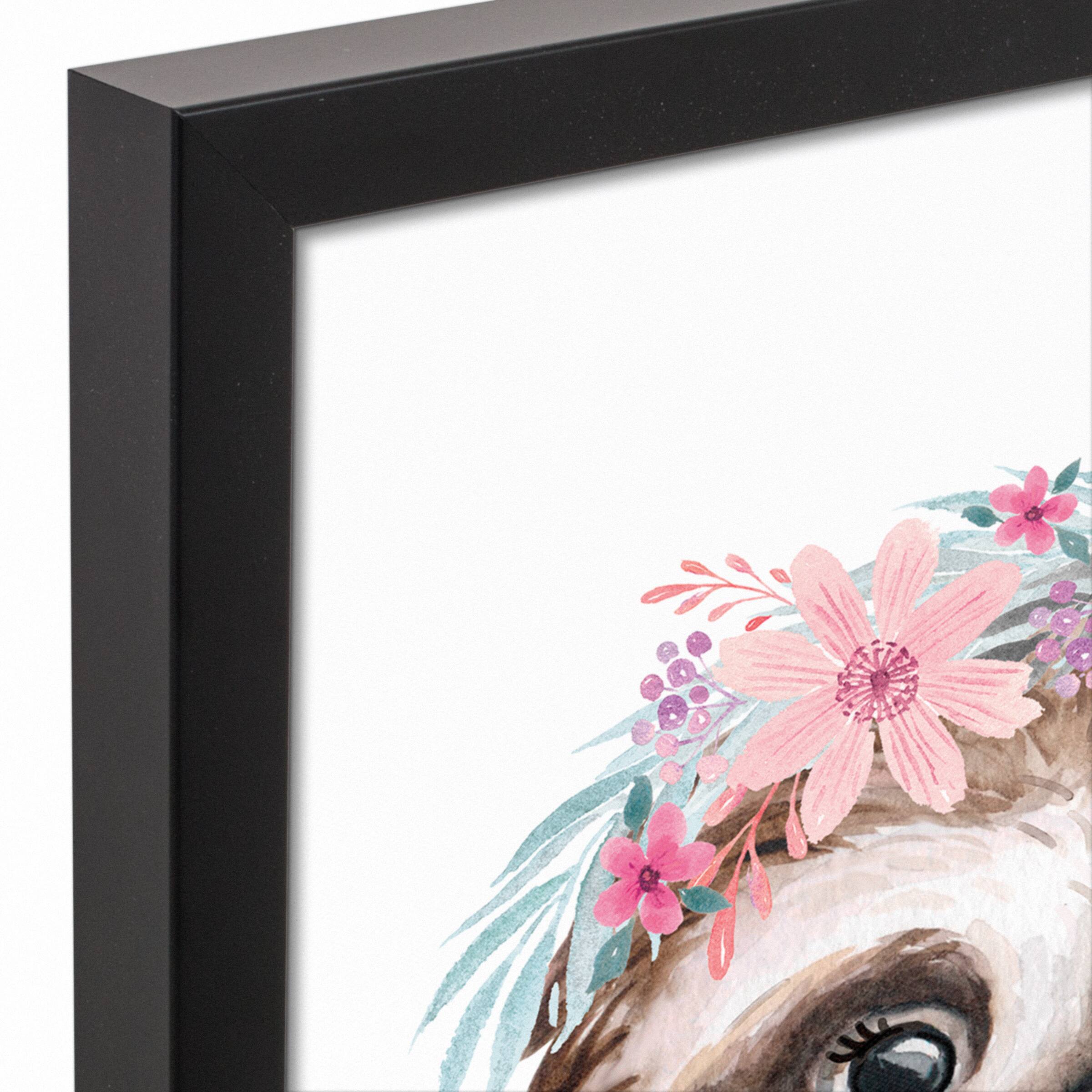 Sloth With Flowers 12.73&#x22; x 15.73&#x22; Black Framed Canvas