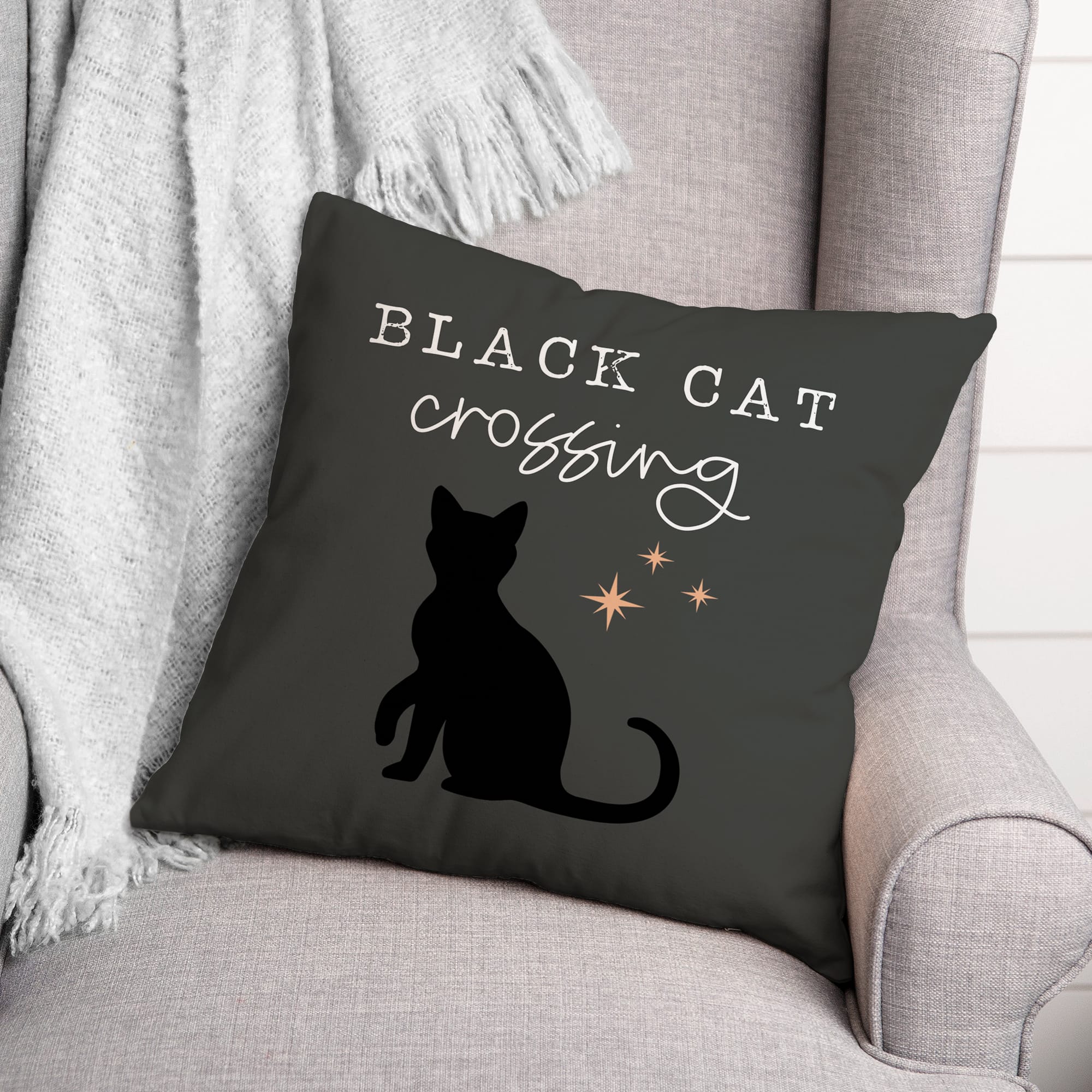 Black Cat Crossing Throw Pillow