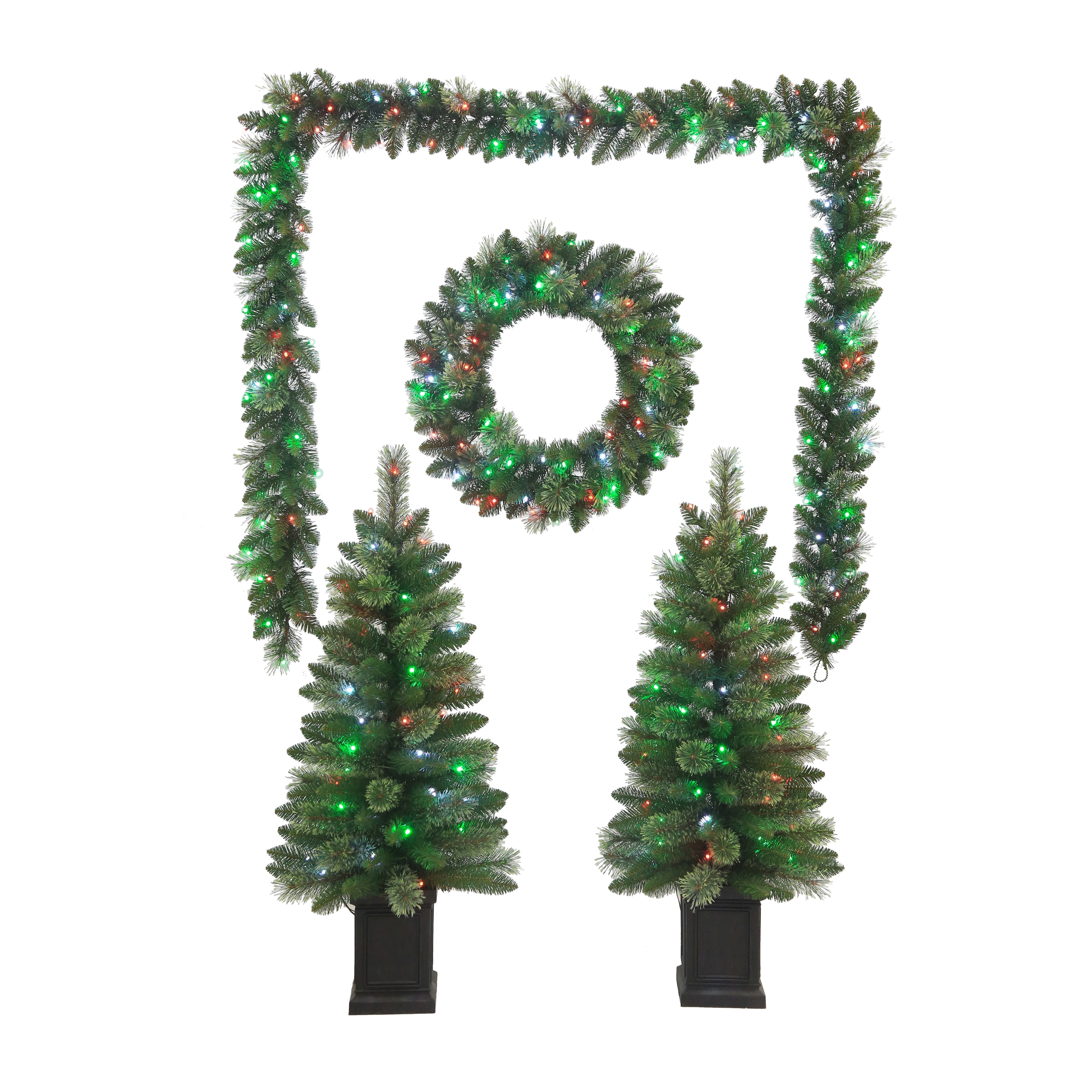 5pc. Pre-Lit Artificial Christmas Tree, Wreath, &#x26; Garland Entryway Set, Colour Changing LED Lights by Ashland&#xAE;