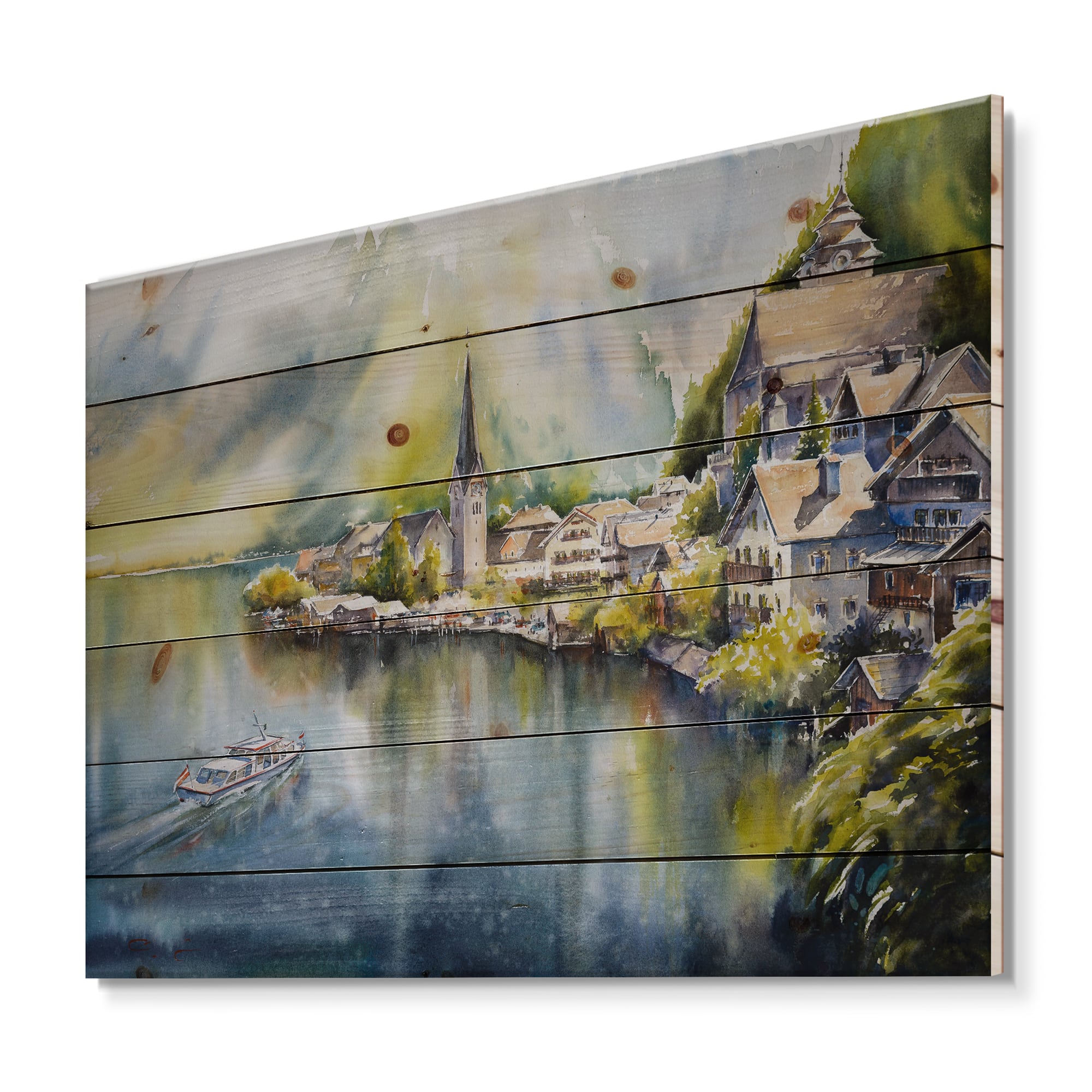 Designart - Mountain Village By The River In Austria - Nautical &#x26; Coastal Print on Natural Pine Wood