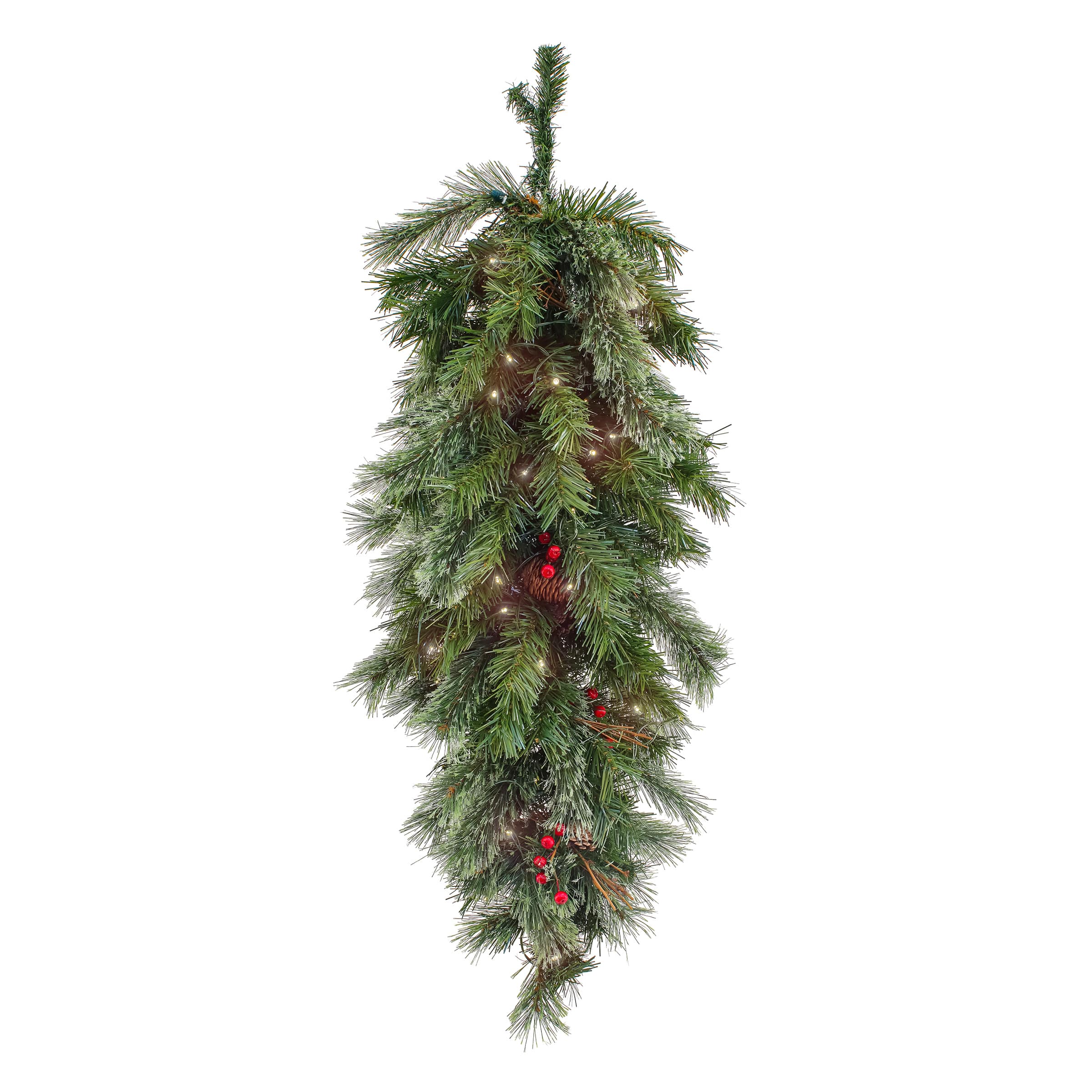 36" Glistening Pine Teardrop with Pine Cones, Red Berries & Twigs
