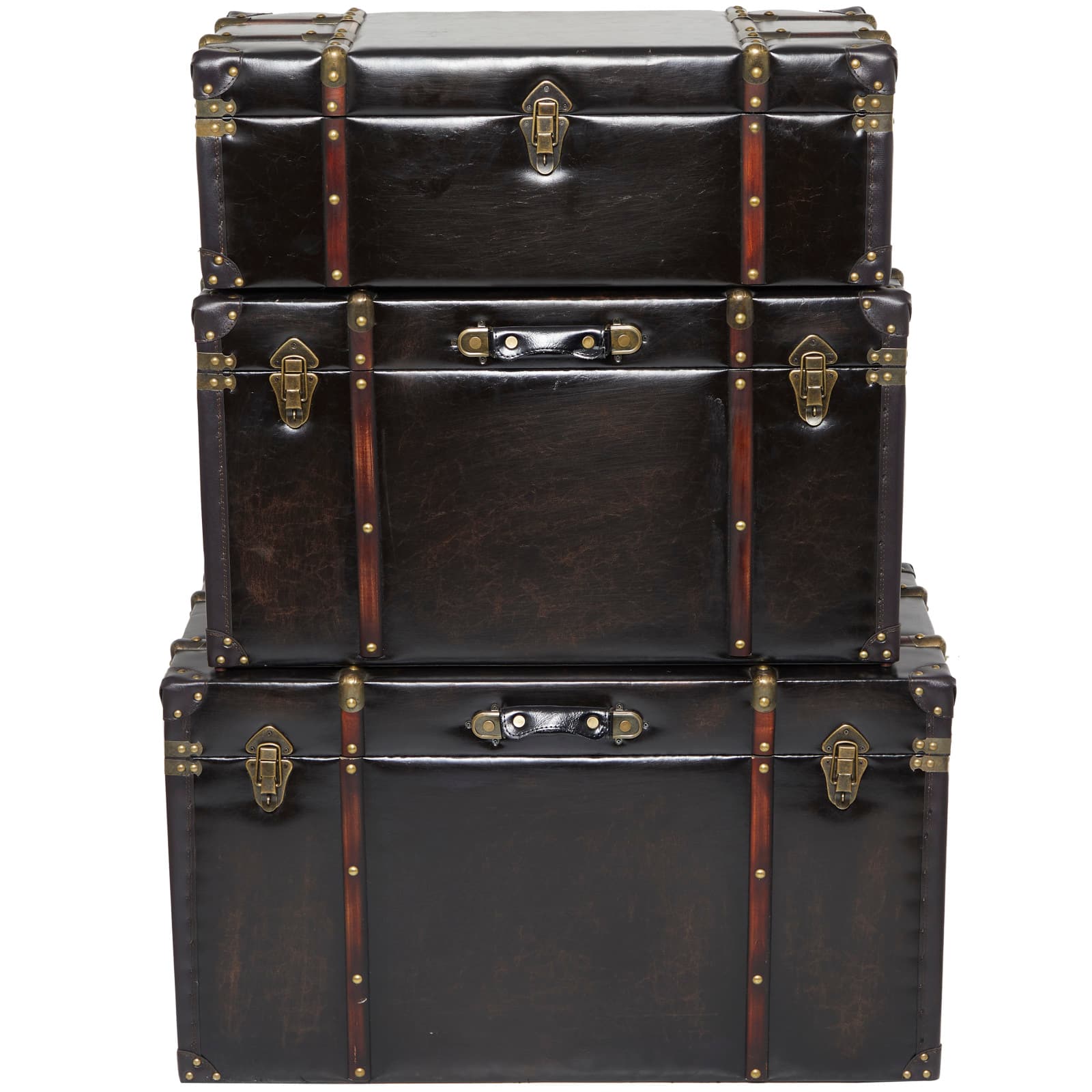Dark Brown Faux Leather Studded Trunk with Latches & Handles Set