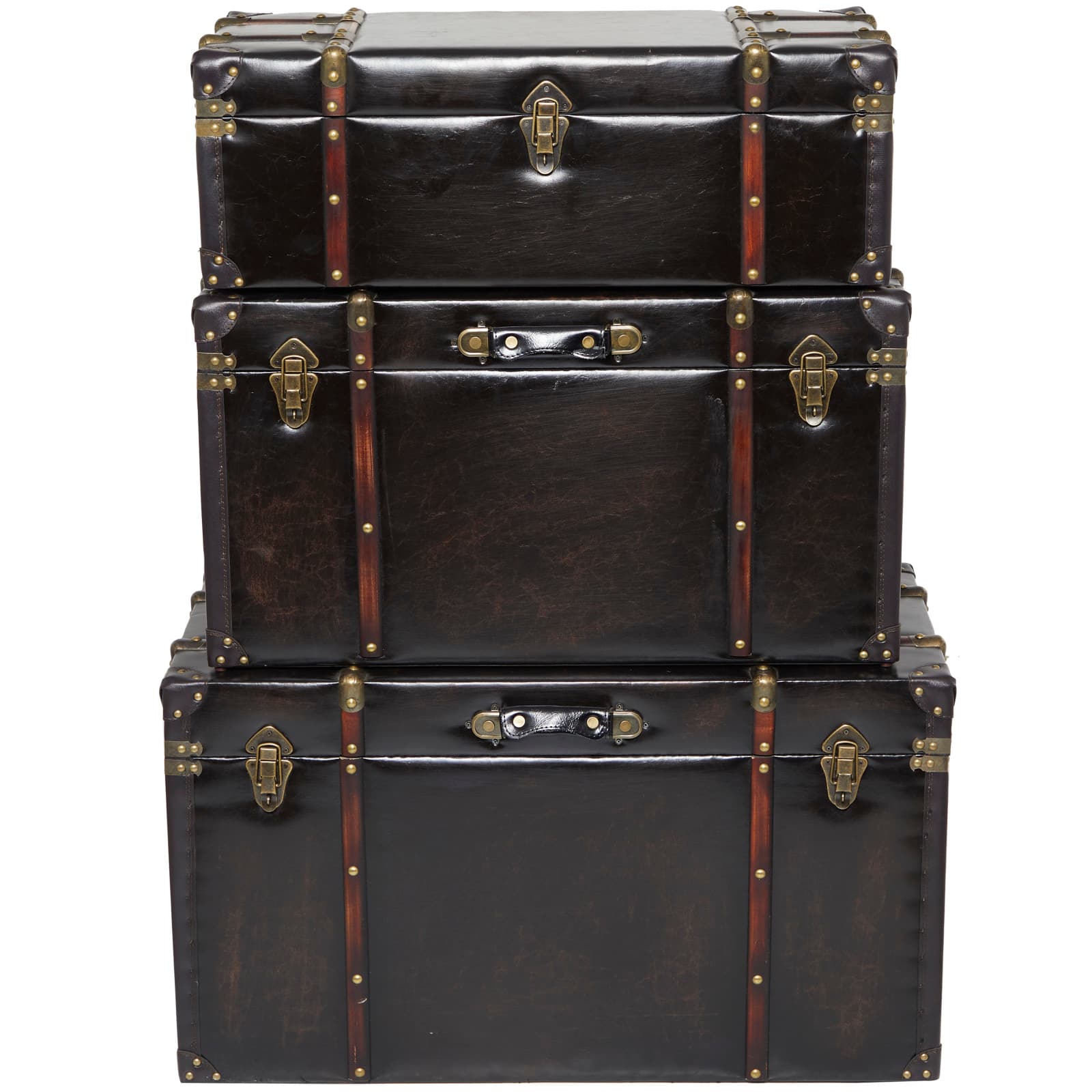 Dark Brown Faux Leather Studded Trunk with Latches &#x26; Handles Set