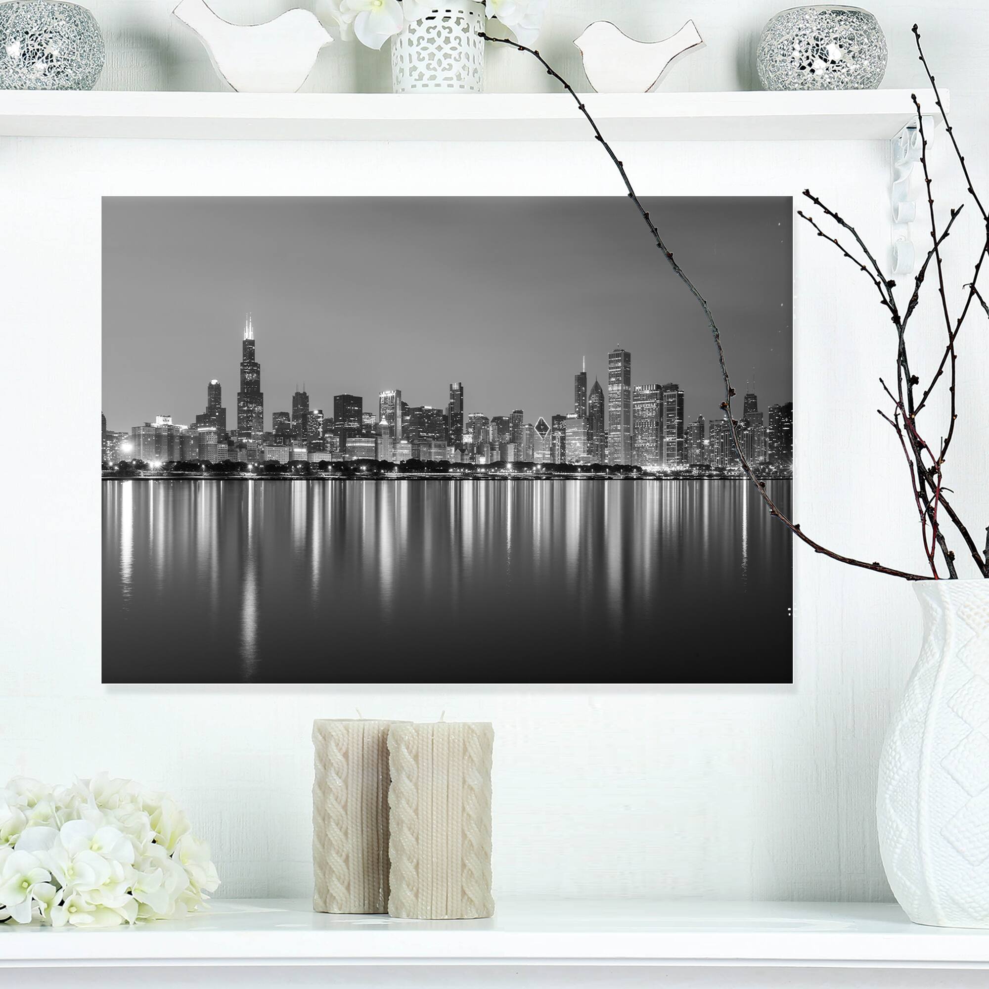 Designart - Chicago Skyline at Night Black and White - Cityscape Canvas Print