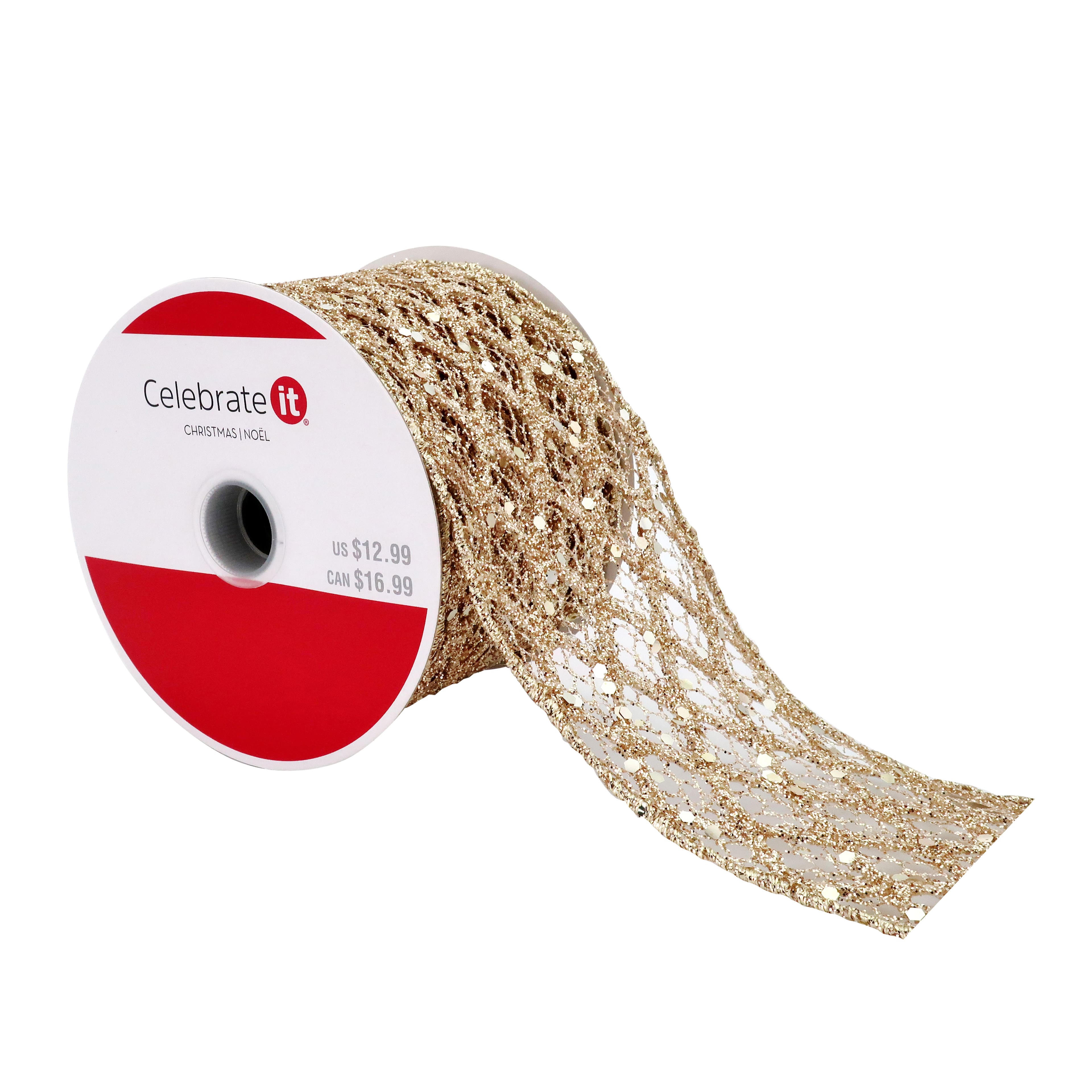 2.5&#x22; x 18ft. Champagne Wide Mesh Wired Ribbon by Celebrate It&#xAE; Christmas