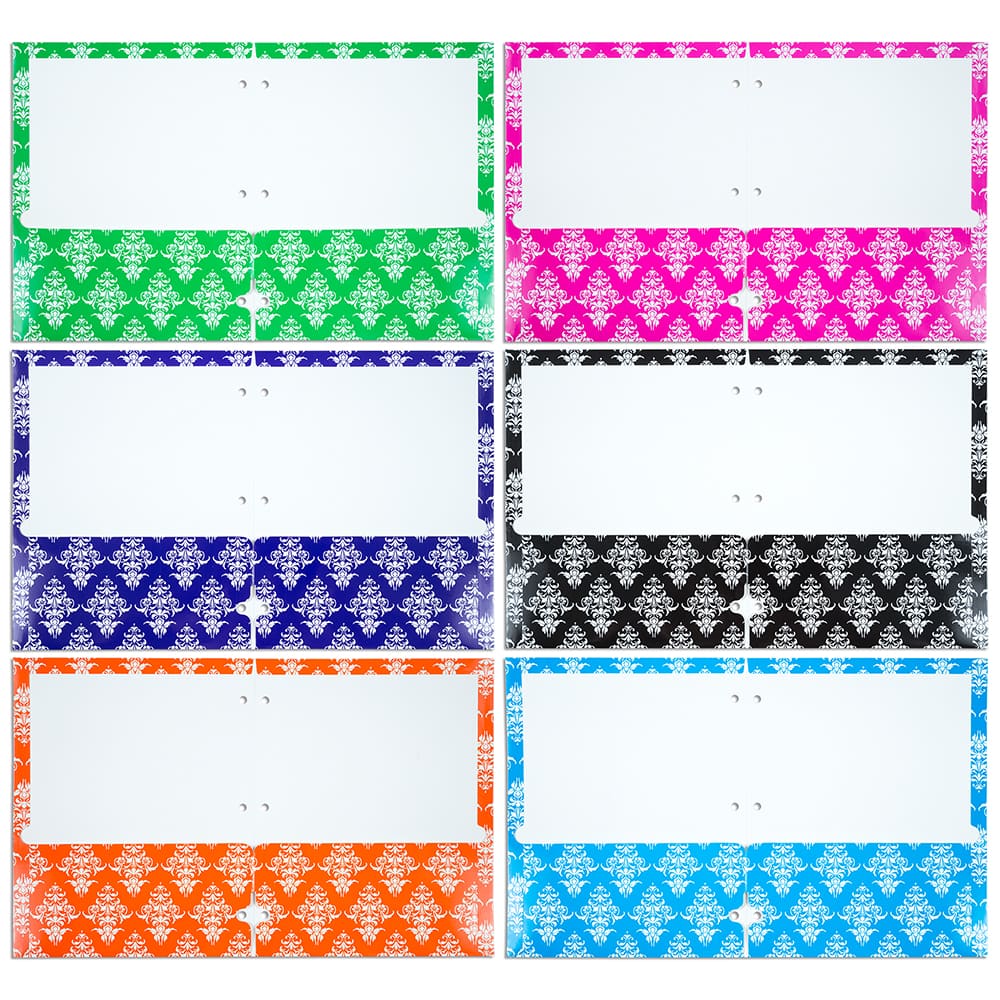 JAM Paper Damask Glossy Laminated Two Pocket 3 Hole Punch School Folders, 6ct.