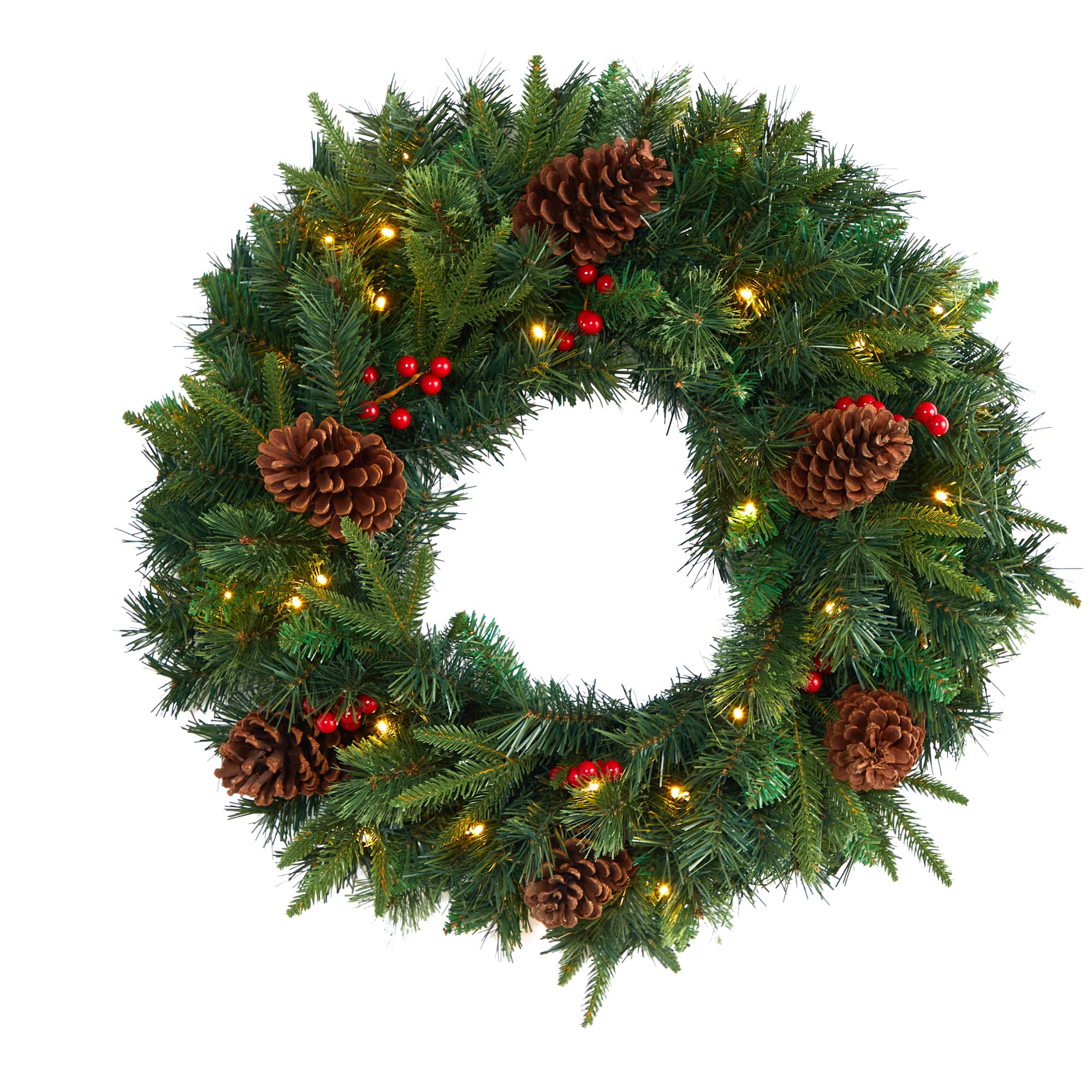 24" Clear LED Mixed Pine & Berries Christmas Wreath