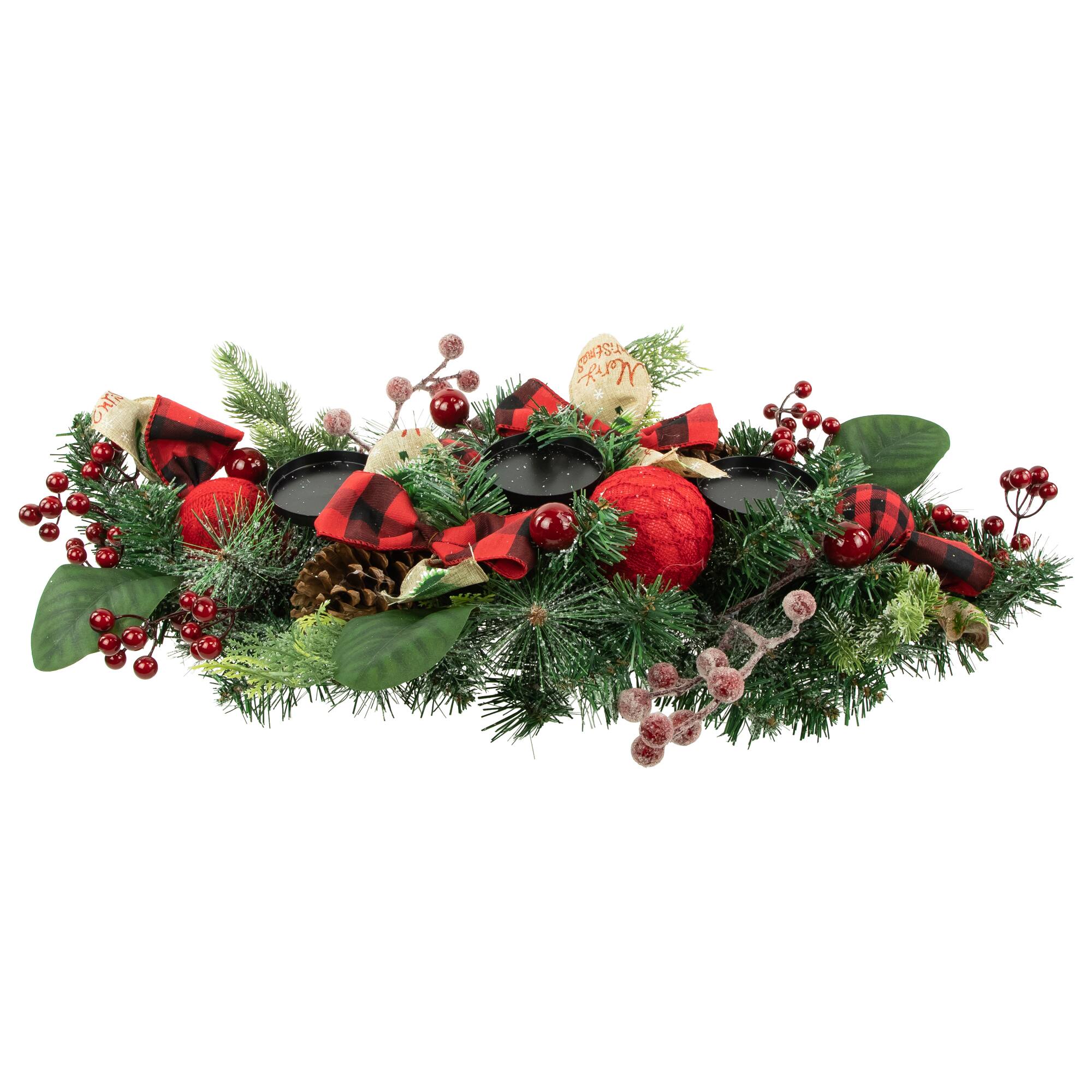 30&#x22; Green Pine Triple Candle Holder With Bows &#x26; Plaid Christmas Ornaments