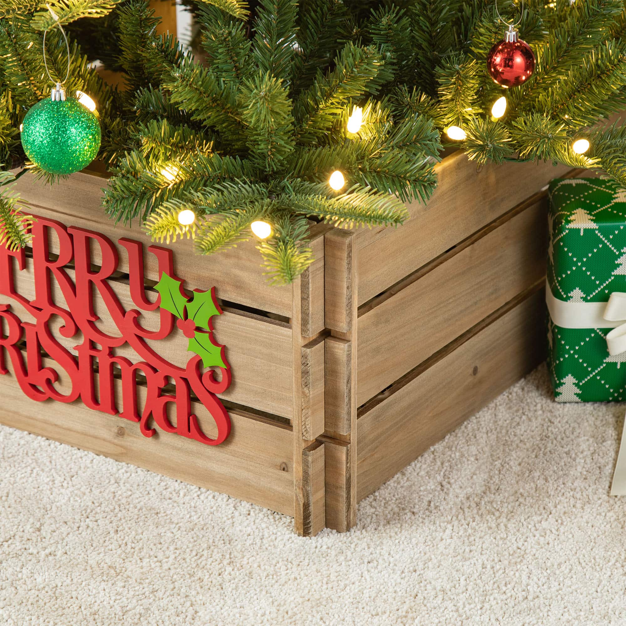 Glitzhome&#xAE; Merry Christmas Wood Crate Tree Collar