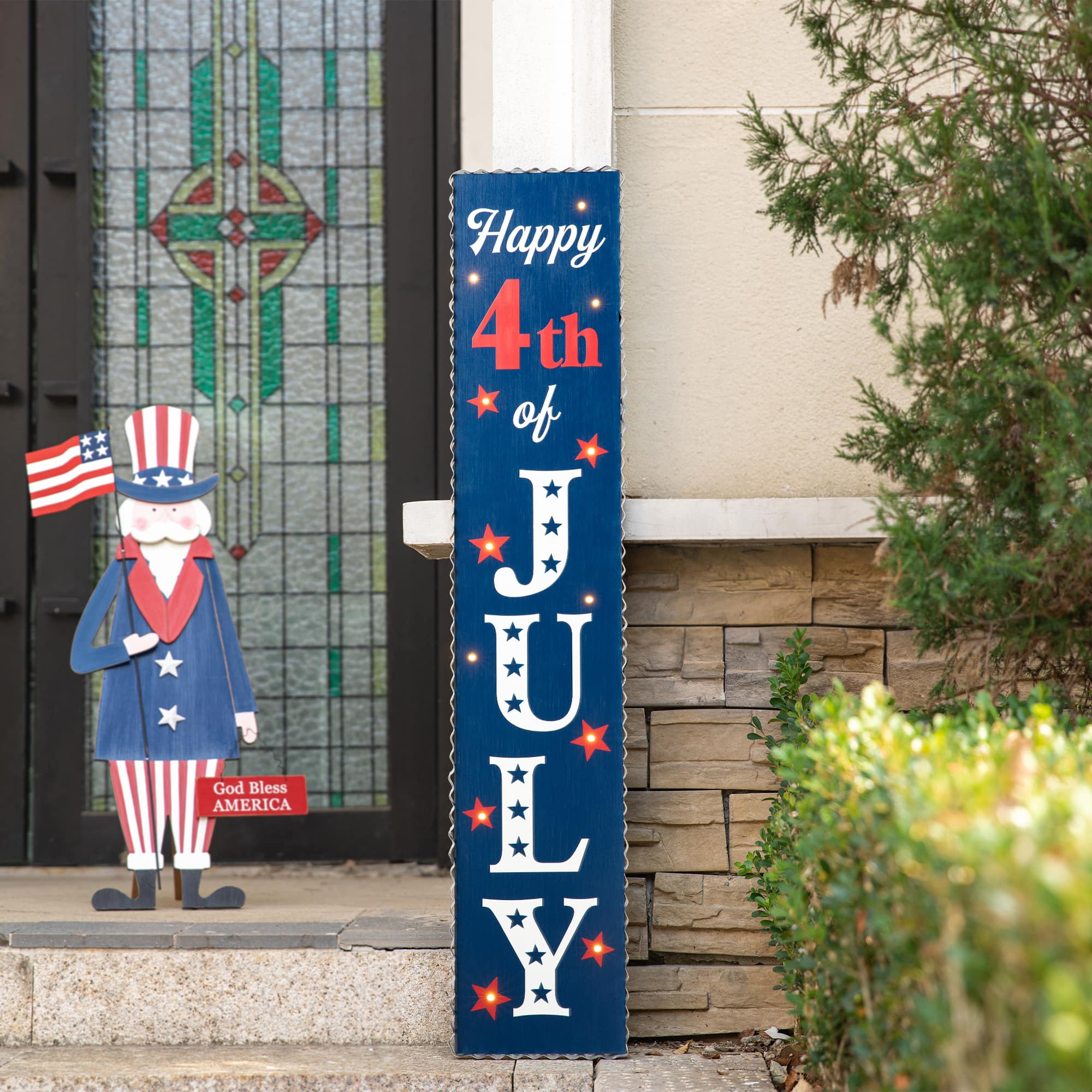 Glitzhome® 42.5" Lighted Wood Happy July 4th Porch Sign