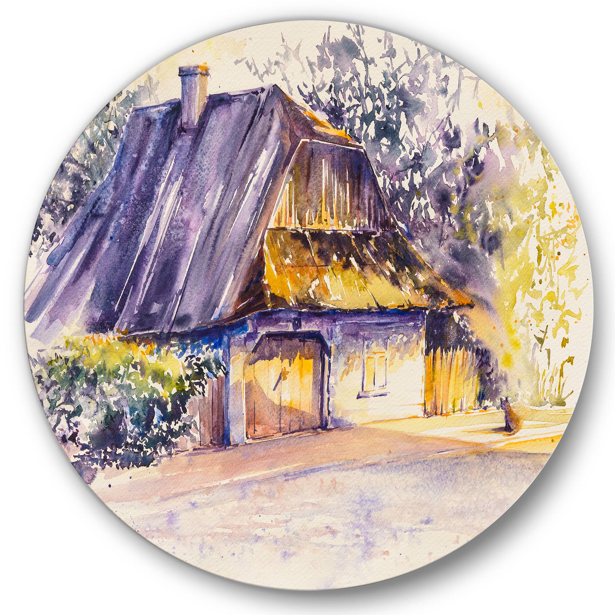 Designart - Old Wooden White House In Country Side Village - Traditional Metal Circle Wall Art