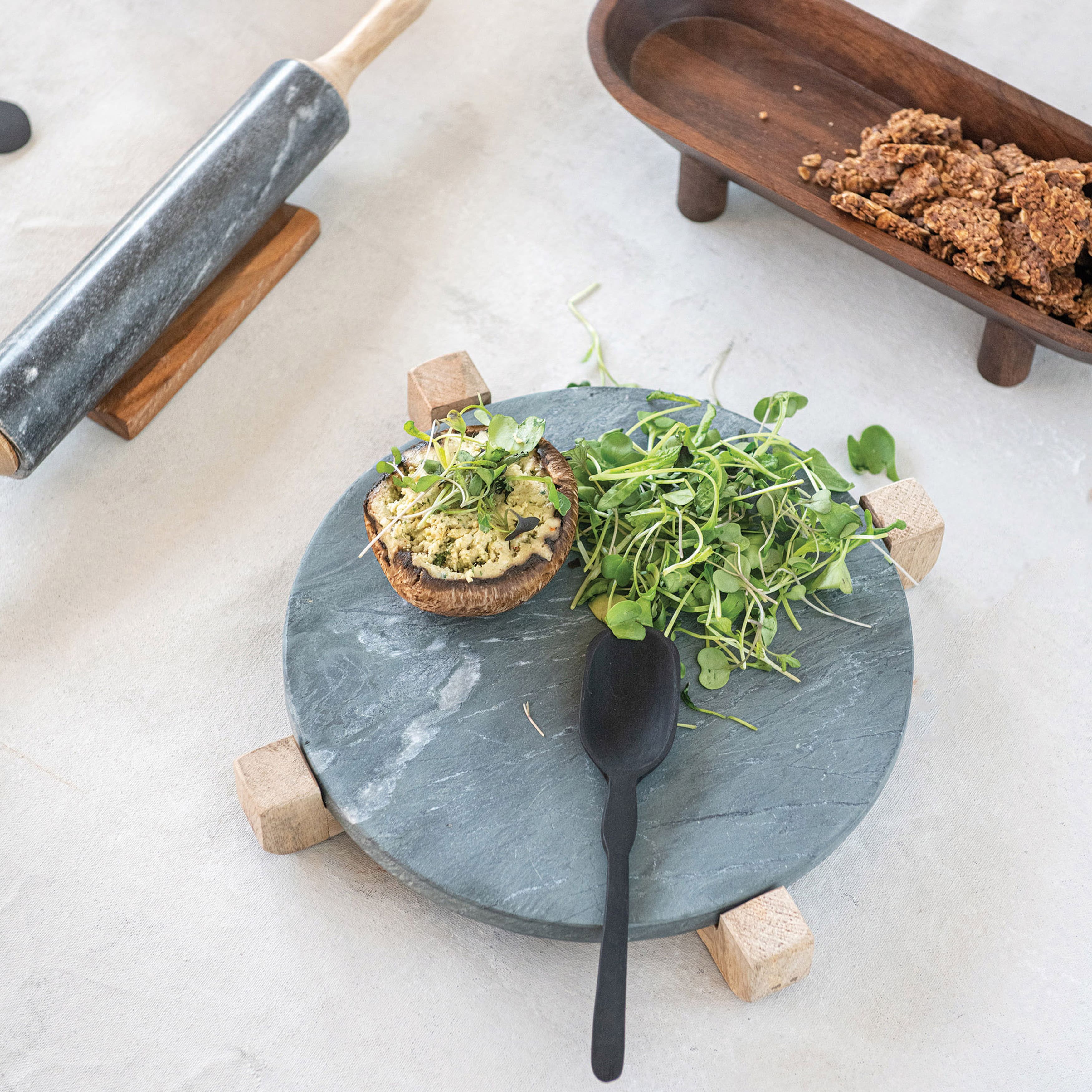 Black &#x26; Natural Marble Serving Board with Mango Wood Stand Set