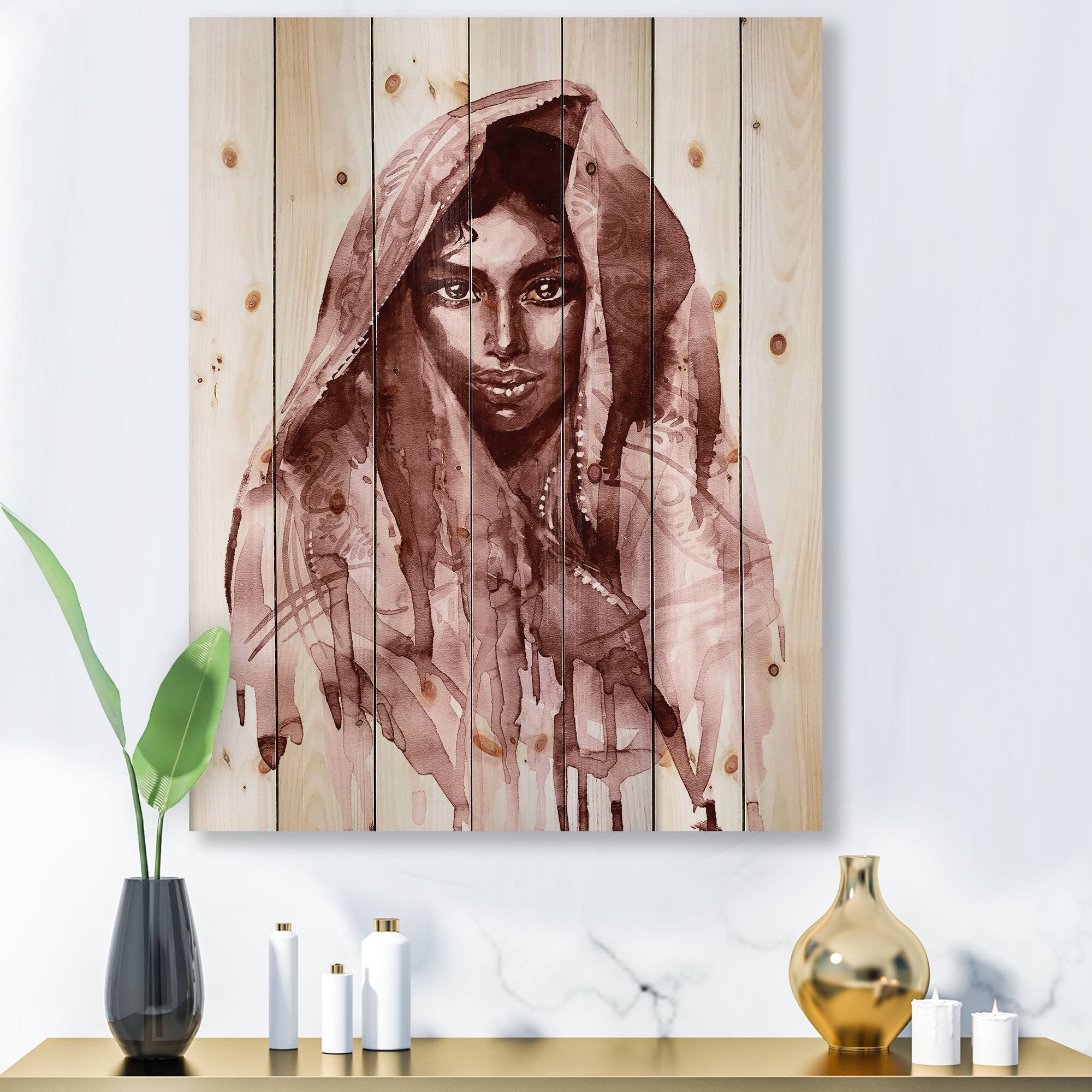 Designart - Monochrome Portrait of Young Indian Woman II - Modern Print on Natural Pine Wood